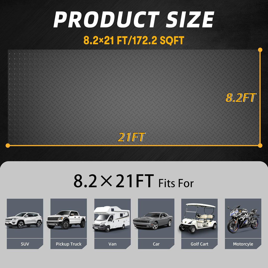 8.2x21 FT Garage Floor Mat, 2.8mm Thickened Diamond Plate PVC Garage Flooring Roll for Under Car Parking, Heavy Duty Garage Floor Protector 168SQFT for Garage, RV Trailer, Basement, Black