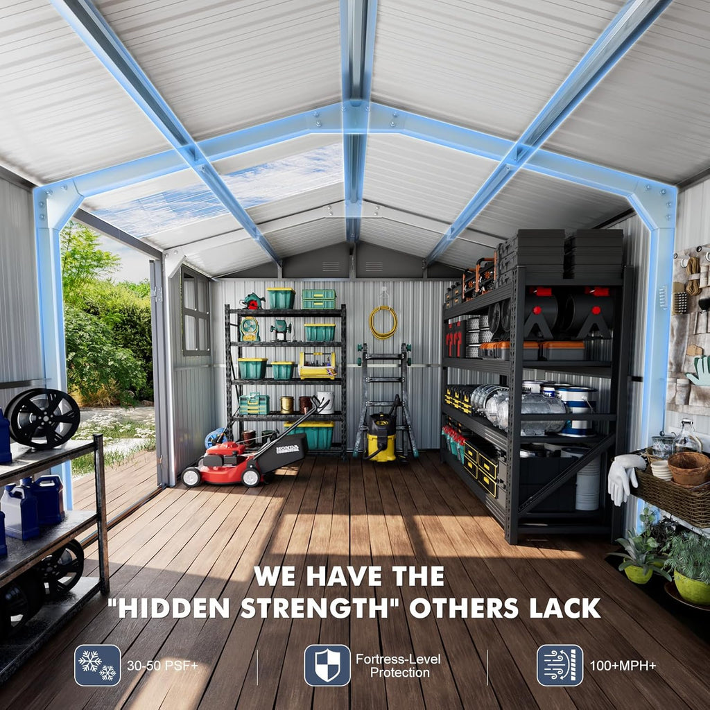 12x10 FT Metal Shed Heavy-Duty, Outdoor Storage Garden Sheds with Reinforced Steel Frame & Customizable Skylight, Weatherproof Galvanized Tool Tiny House for Backyard, Patio, and Lawn