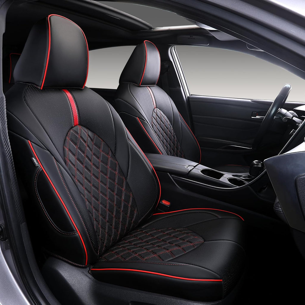 Custom Fit Camry Seat Covers for Toyota Camry LE,SE,SE Nightshade 2018-2024 Full Coverage Waterproof Breathable Leather Car Seat Covers Full Set(Black with Red Trim)
