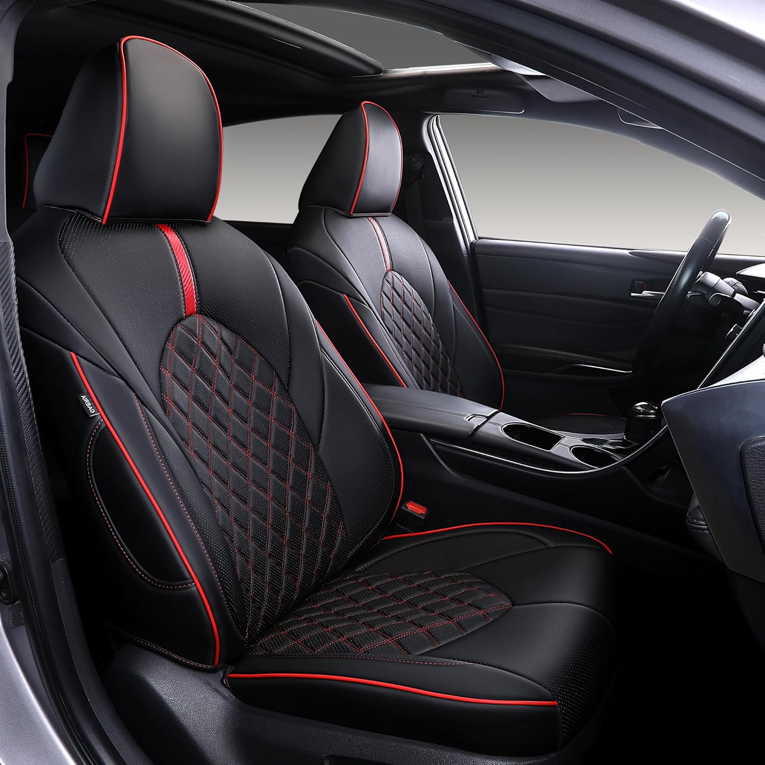 Custom Fit Camry Seat Covers for Toyota Camry Hybrid LE, Hybrid SE 2018-2024 Full Coverage Waterproof Breathable Leather Car Seat Covers Full Set (Black with Red Trim)