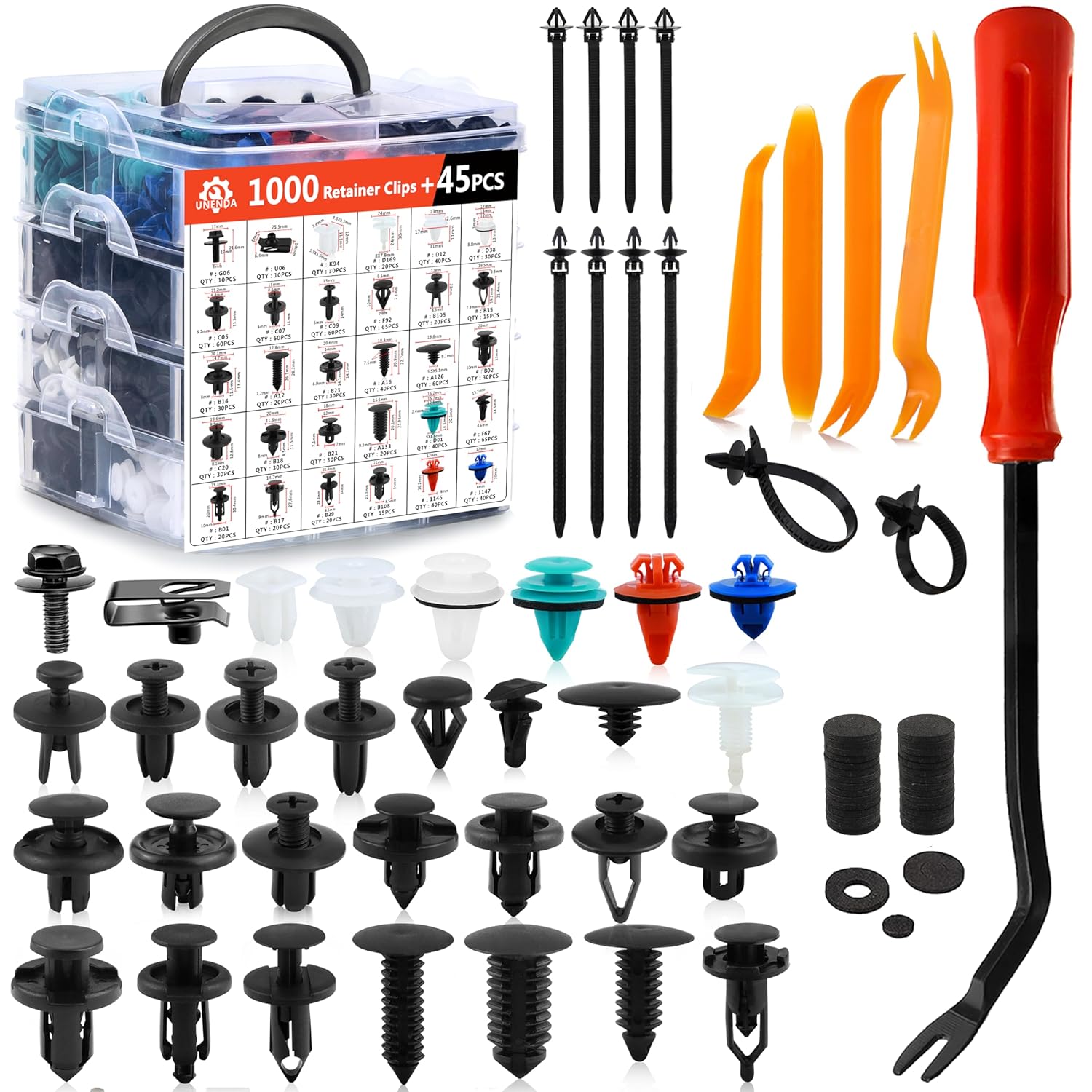 Ford GM Toyota Honda Chrysler Nissan Car Push Retainer Clips 1045pcs with 30 Popular Push Pins for Auto Parts Sizes - Includes 10 Cable Ties and Red Fastener Remover