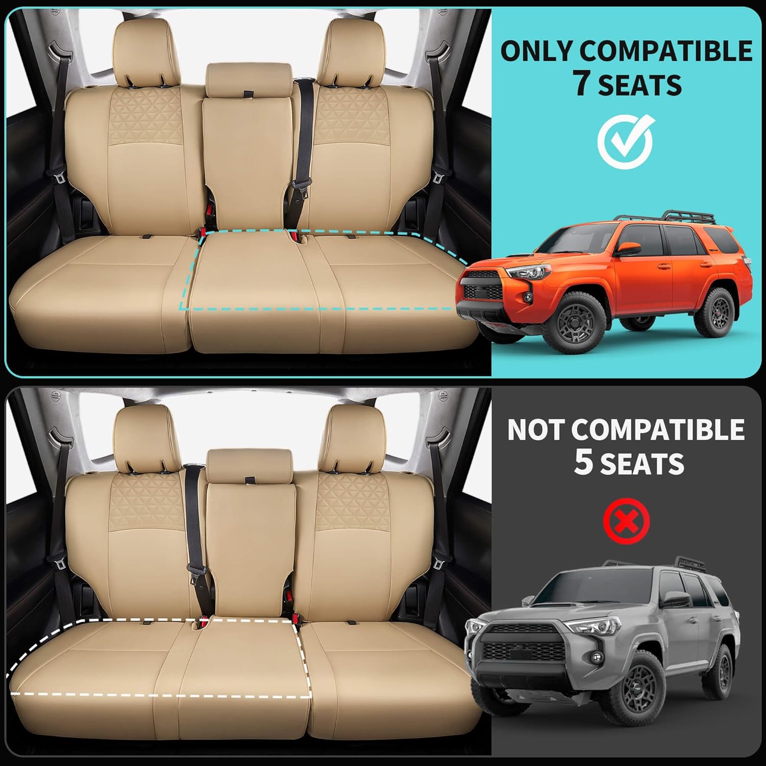 Seat Covers for Toyota 4Runner 2011-2024, Faux Leather Car Seat Cover Full Set, 3-Row-Only for 7 Seats Version-Beige