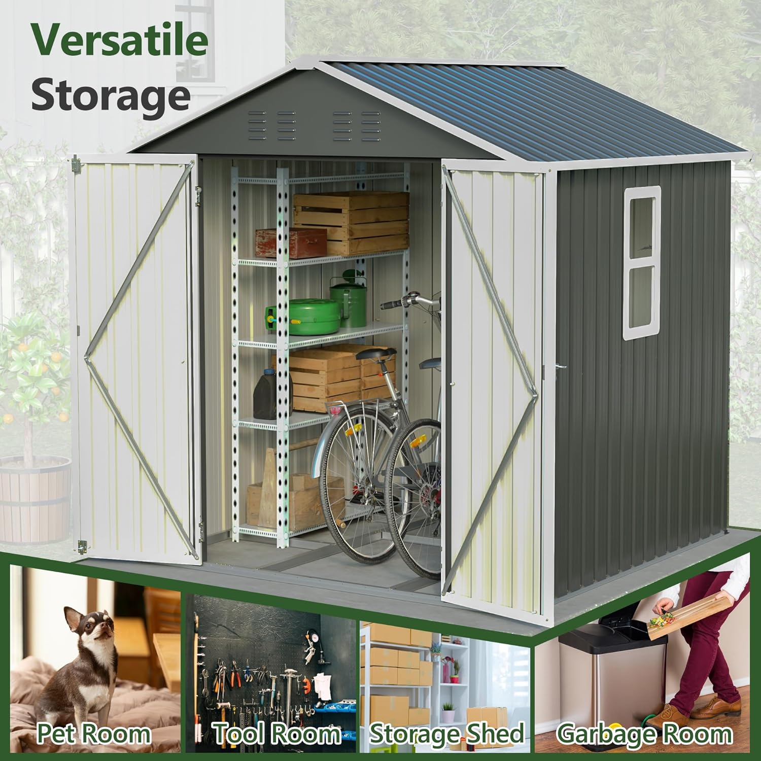 6x6 ft Metal Storage Shed Outdoor,Metal Steel Utility Tool Shed Storage House with Window and Floor Kit for Backyard Garden Patio Lawn Black