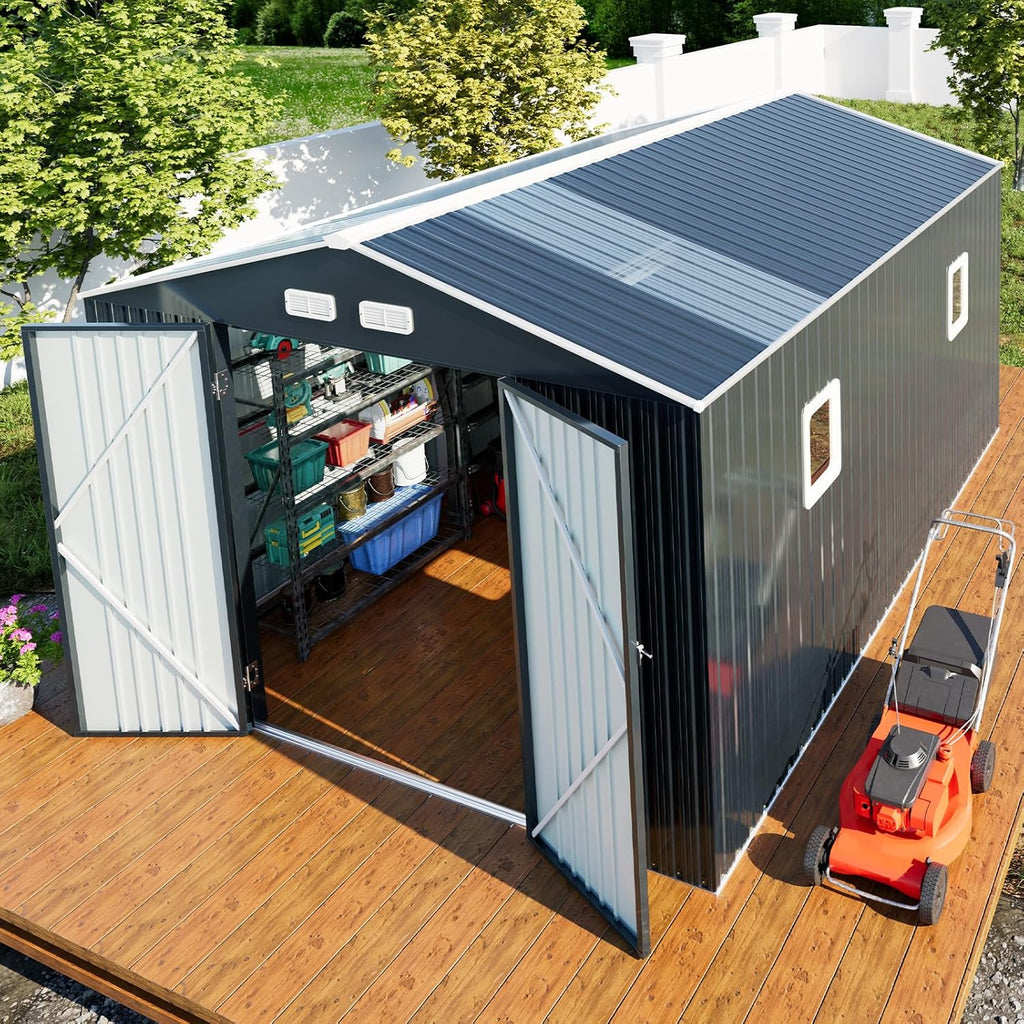 Metal Shed 10x12x7 FT, Sheds Outdoor Storage with Reinforcement, Natural Lighting Tool Sheds with Translucent Roof Panels, Windows, and Lockable Doors, Ideal for Garden, Backyard, and Patio