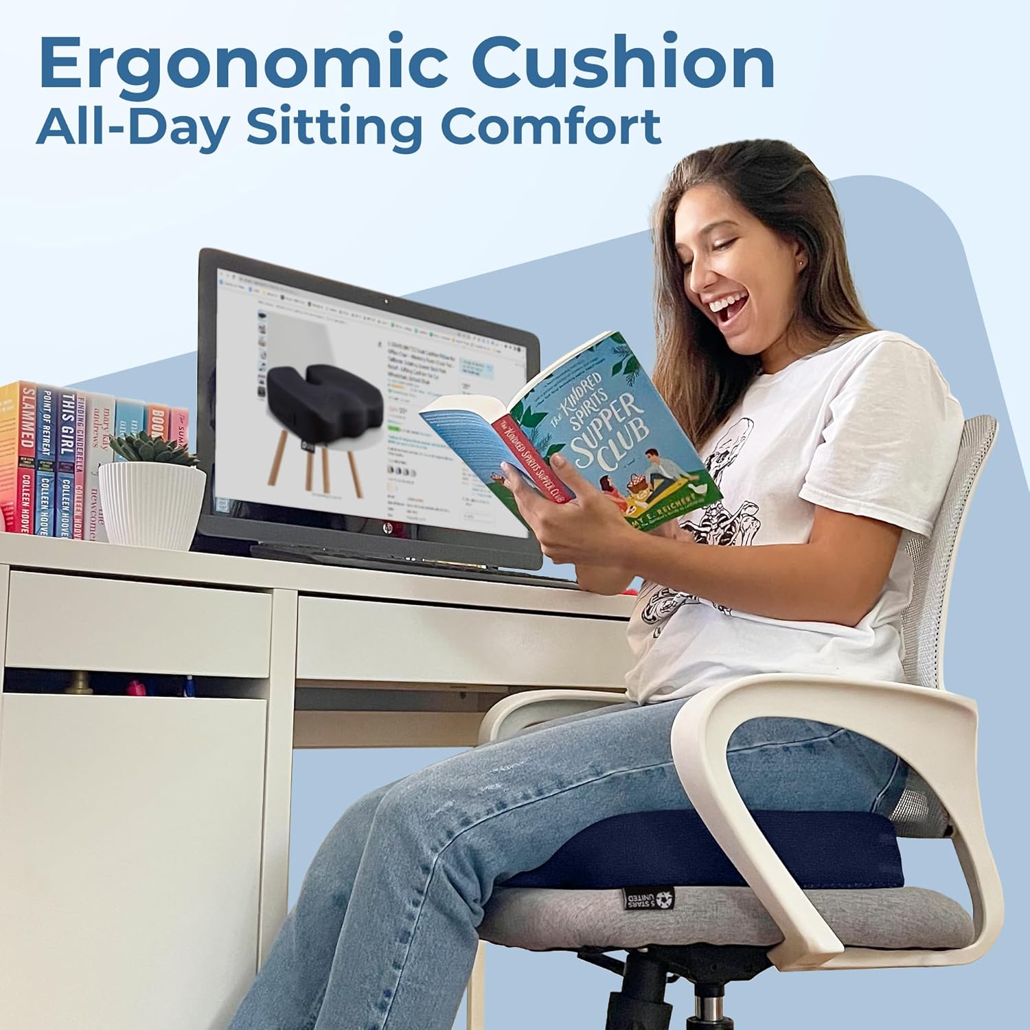 5 STARS UNITED Seat Cushion for Tailbone Pain Relief – Large Memory Foam Lifting Pillow for Coccyx, Hip, Sciatica & Post-Surgery Recovery – Wheelchair, Car, Desk, Gaming & Office Chairs, Blue