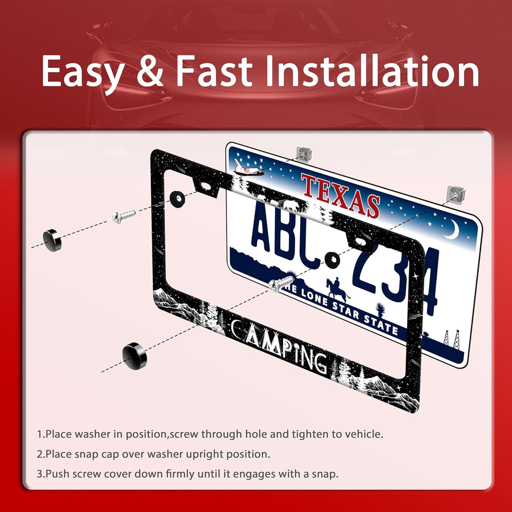 Camping License Plate Frame Forest Mountains License Plate Holder Funny Stainless Steel Accessories Cars Decor with 2 Holes and Screws Fits Standard Us Ca Vehicles License Plate Frames 12.2 X 6 Inch