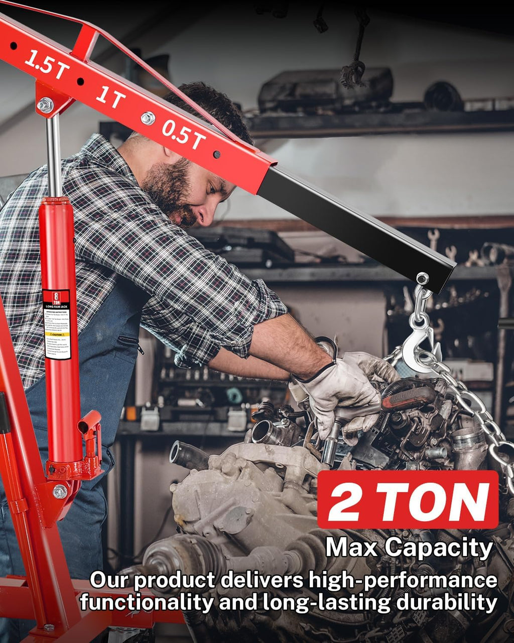 2-Ton Folding Engine Hoist, Hydraulic Shop Crane with 6 Swivel Wheels & Adjustable Boom (0.5T-2T), Heavy-Duty Cherry Picker for Garage, Workshop, Truck, Farm (Net Wt. 157 lbs)