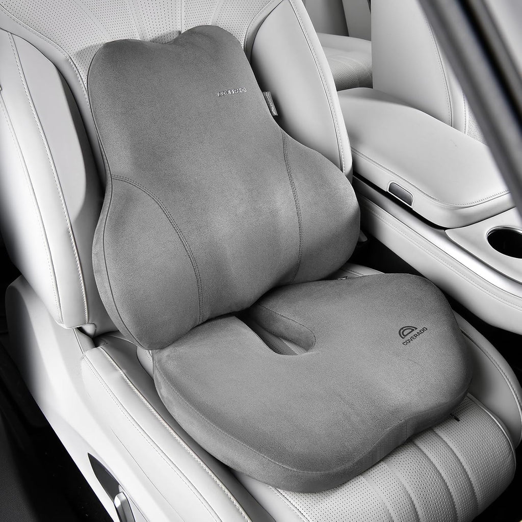 Coverado Memory Foam Car Seat Cushion and Lumbar Support Pillow for Car, Ergonomic Office Chair Cushion for Lower Back Pain Relief, Breathable & Non-Slip for Car, Home, and Office Use, Gray