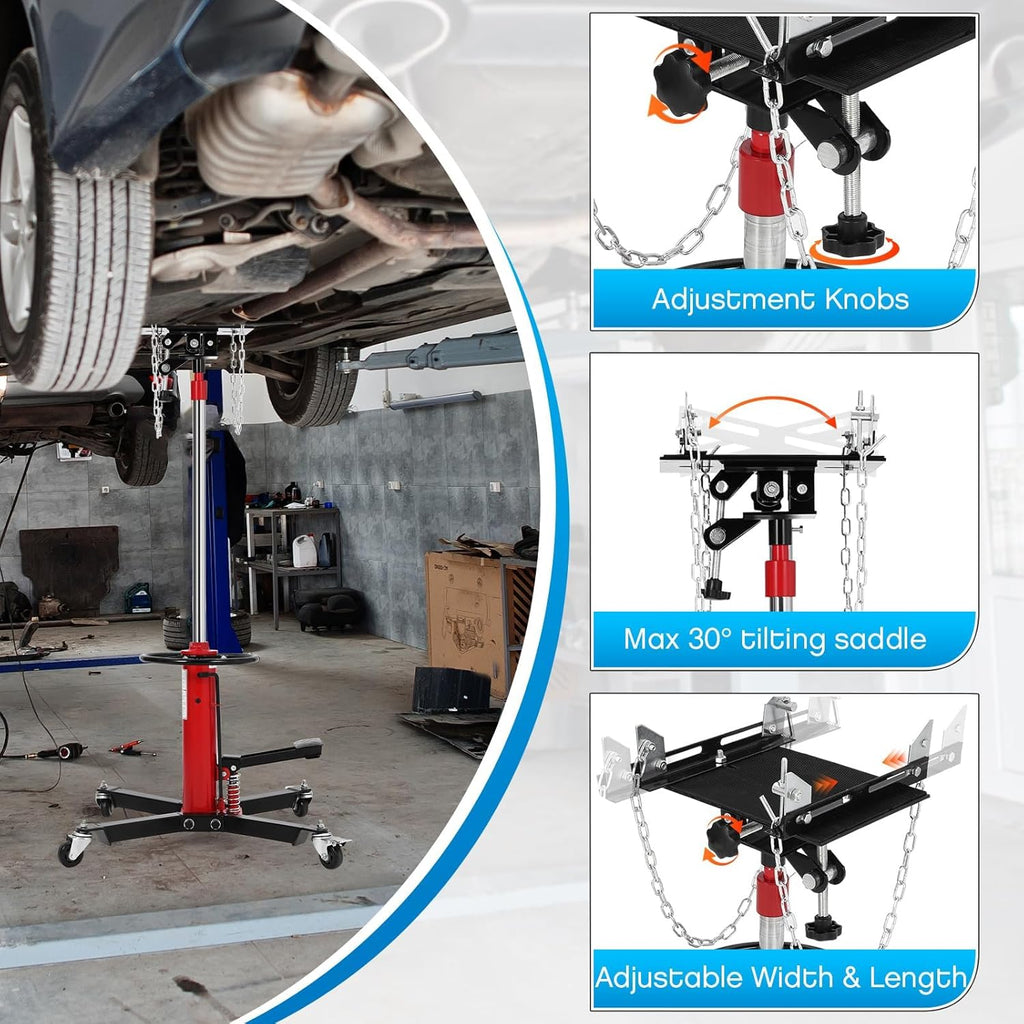 Transmission Jack, 1100LBS (1/2 Ton), Hydraulic Telescoping Transmission Jack, 32"-67" Transmission Jack Stand with Foot Pedal & 360° Swivel Wheels for Garage and Car Lifting,