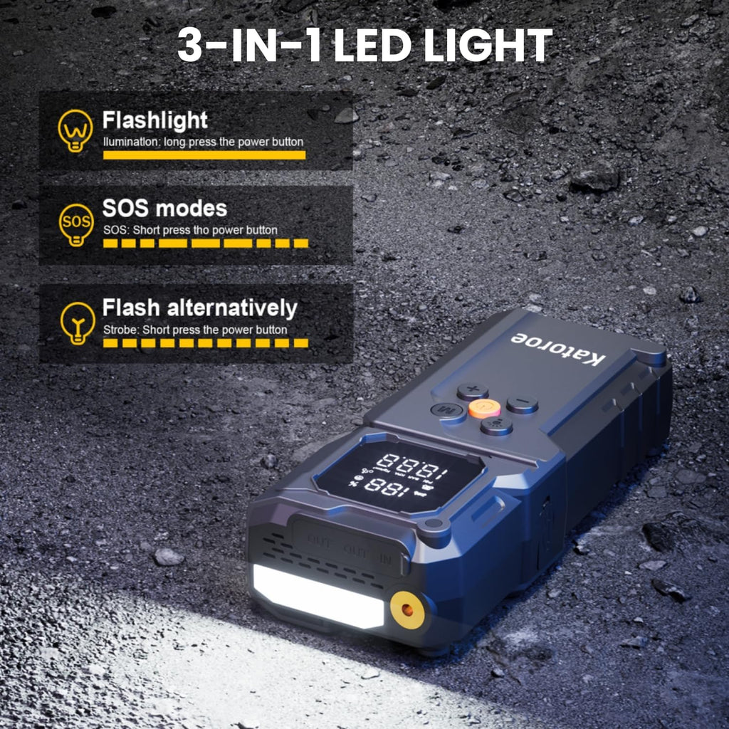 Jump Starter with Air Compressor, 5000A Jump Starter Battery Pack with 150PSI Tire Inflator, Portable Air Compressor, 12V Jump Starter for 9.0L Gas 7.0L Diesel Engines, Jumper Cables, Flashlight