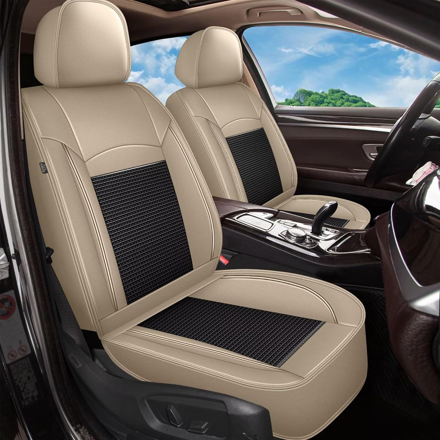 2 Front Seat Covers Fit for Toyota Camry 2012-2023 2024 2025: Car Seat Covers Leather Waterproof Ice Silk Breathable Car Seat Cushion Protector (2 Seats, Black & Beige)