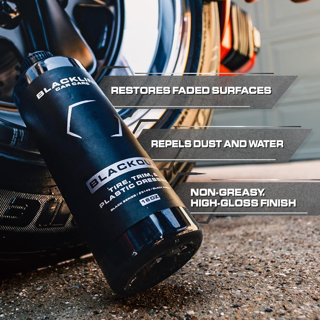 Blackline Car Care - Blackout Trim and Tire Dressing for Plastic, Rubber, Vinyl, and Tires Safe for Cars, Trucks, SUVs & More - 16 fl OZ