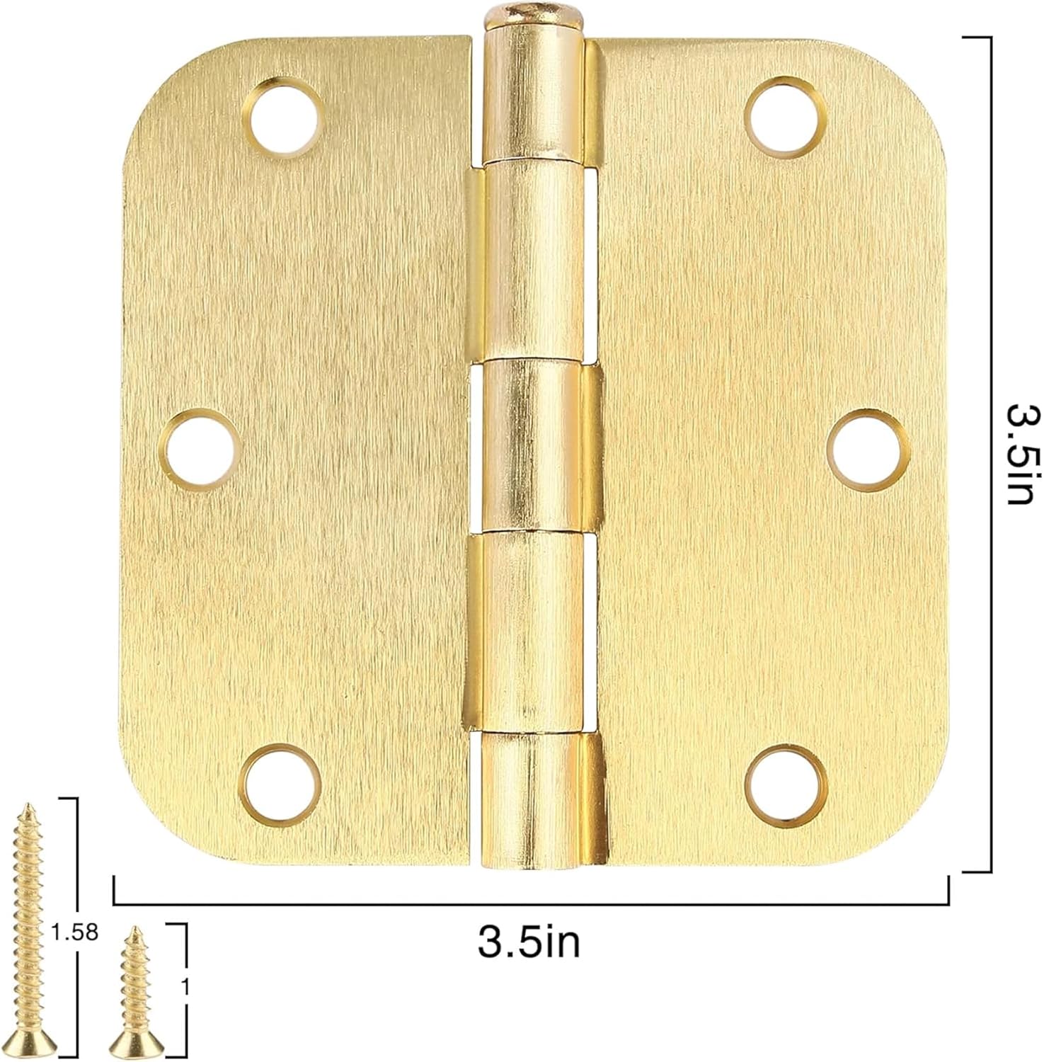 3 Pack Round Door Hinges 3-1/2" x 3.5 inch, 5/8 Radius, Brushed Brass 3 ½ Inch Satin Gold House Interior Hinge for Bed/Living/Guest/Pantry/Storage/Study/Work Room Doors Heavy Duty Iron Hardware Kit