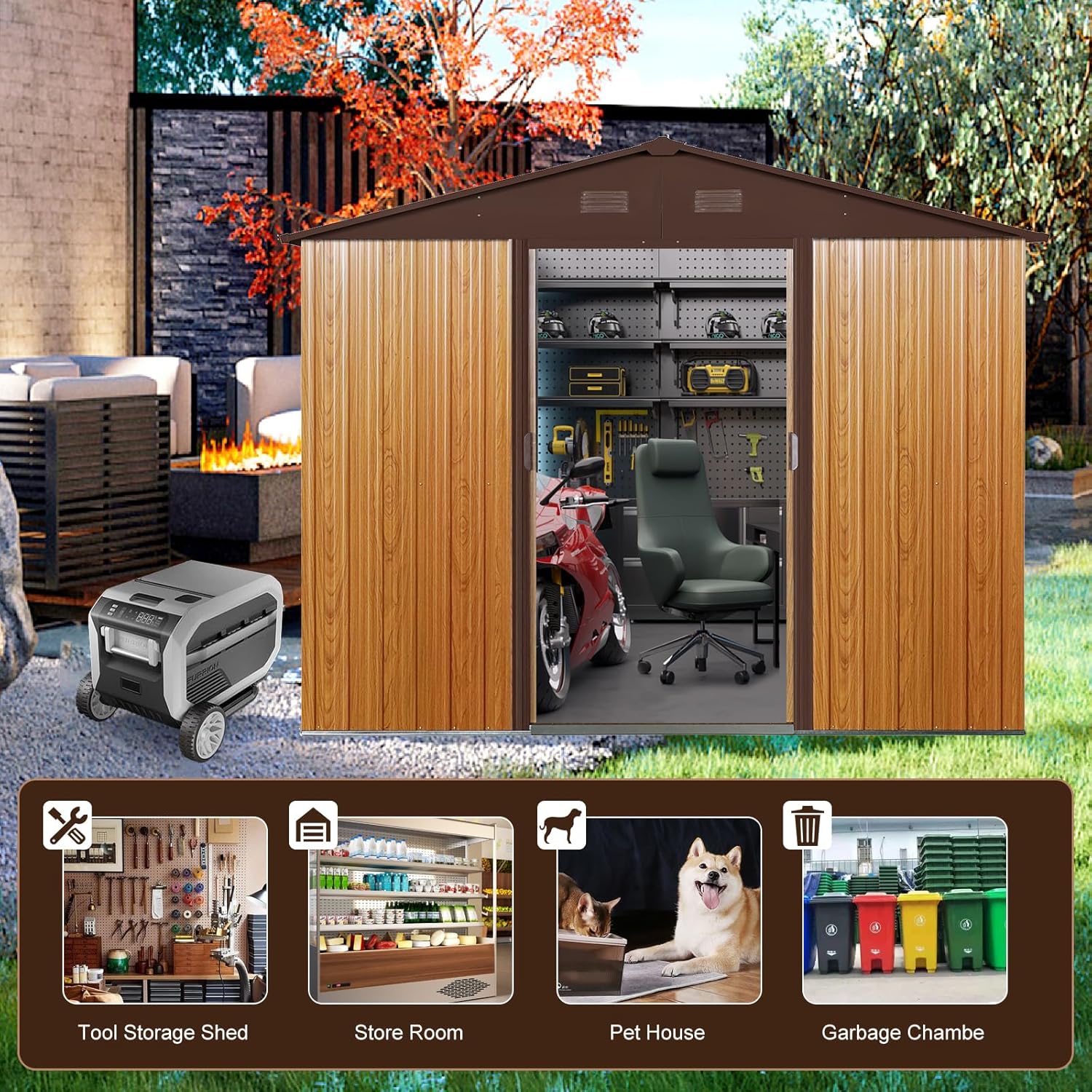 6x8 FT Outdoor Storage Shed, Metal Garden Shed with Frame Floor, Outside Tool Shed with Lockable Sliding Doors, Waterproof Storage Building with Sloped Roof for Backyard, Patio, Lawn, Coffee