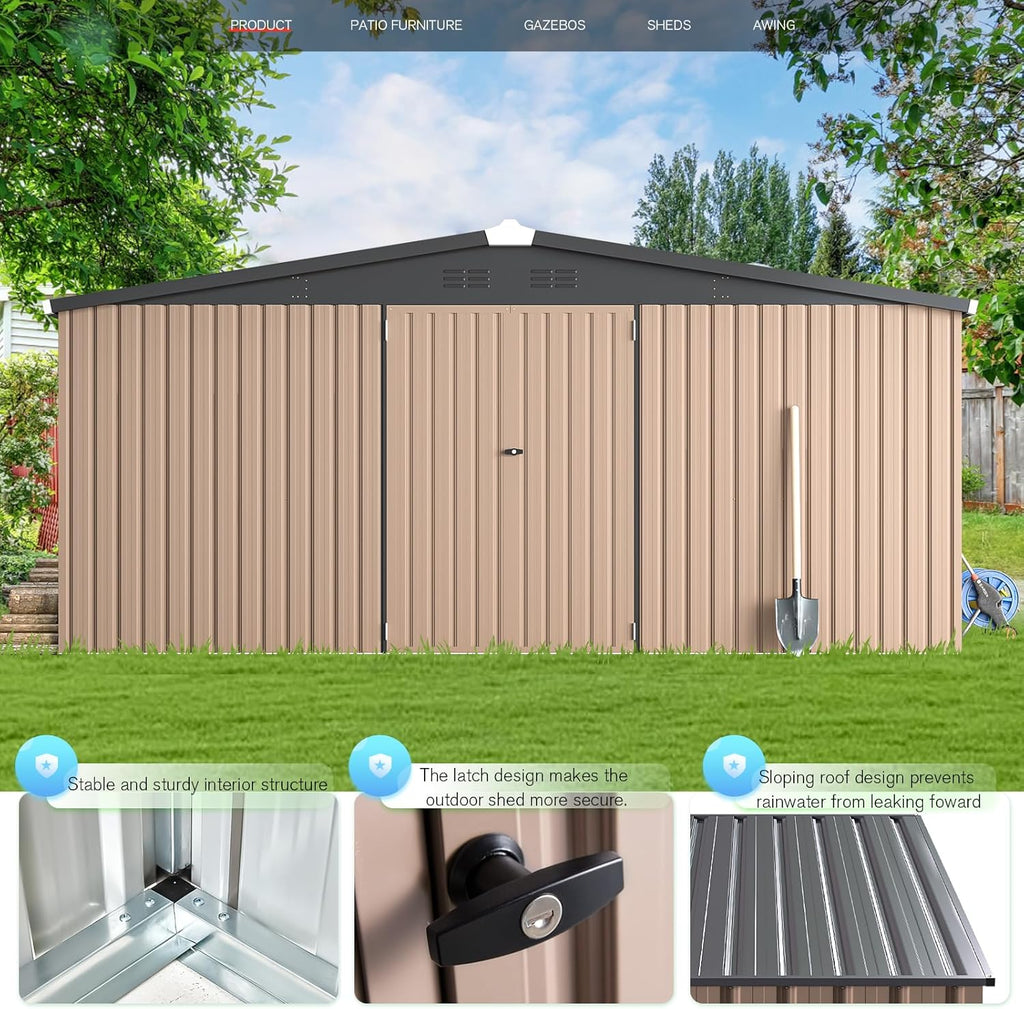 U-MAX 10' x 12' Outdoor Storage Shed Clearance, 10x12 Large Metal Garden Shed Yard Steel Shed with Design of Lockable Doors, Tool and Utility Storage for Backyard, Garden, Patio, Outside use Taupe