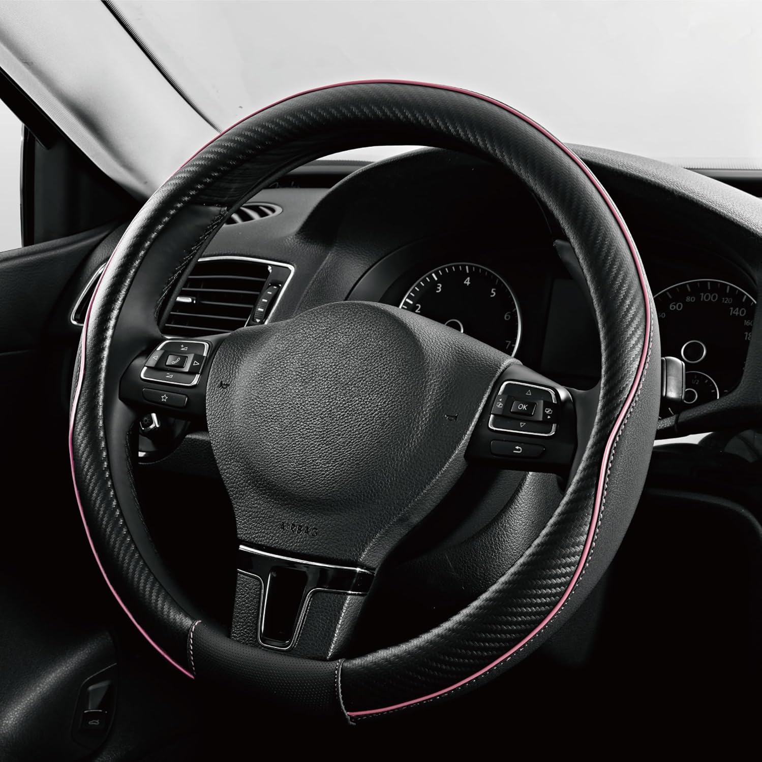 PIC AUTO Steering Wheel Cover, Pink Piping Leather, Sports Carbon Fiber and Super Breathable Leather, Universal 14.5-15.5 Inch Anti-Slip Steering Wheels Accessories for Men & Women