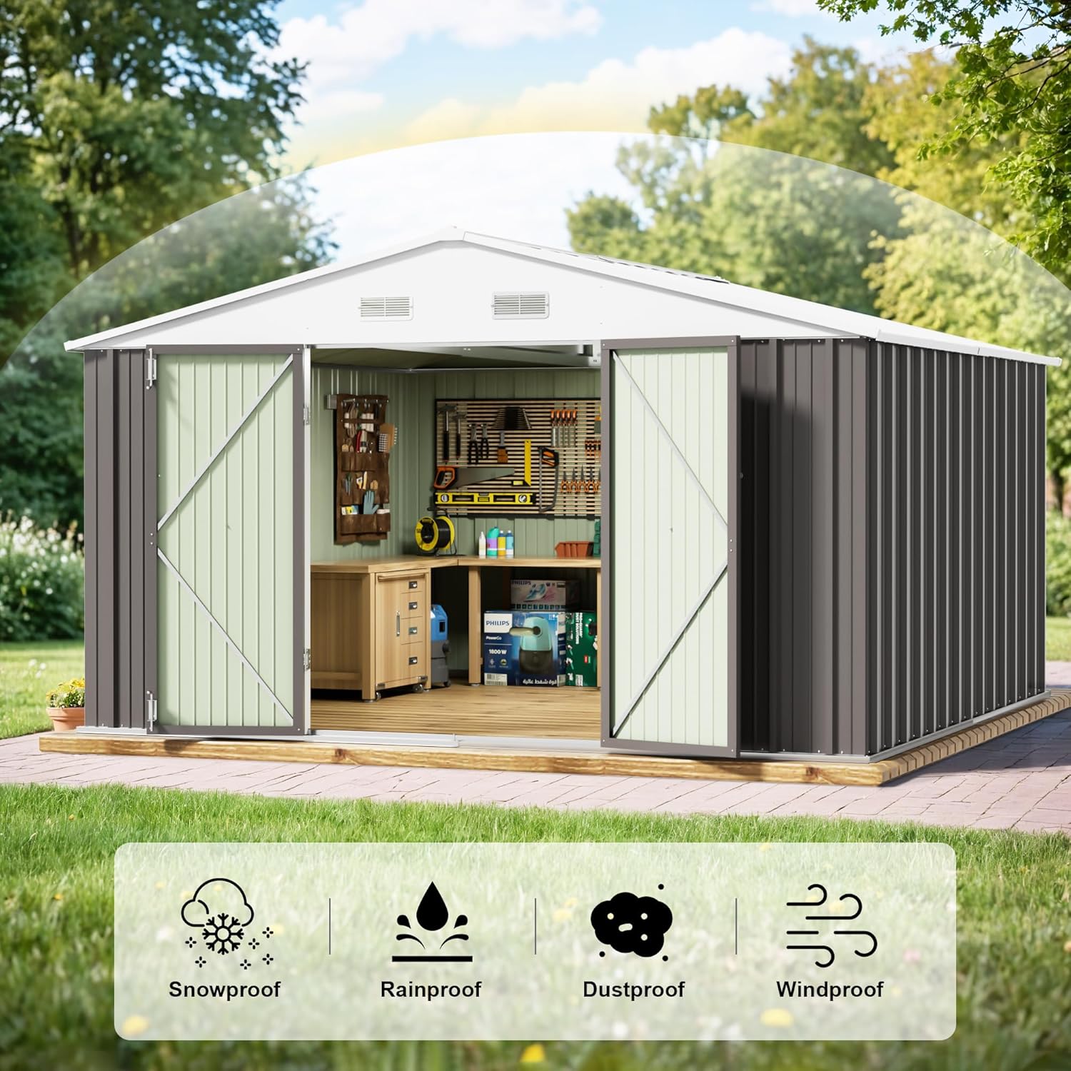 JUMMICO 10 x 10 FT Outdoor Storage Shed, Large Metal Garden Shed & Tool Sheds for Backyard Garden Patio Lawn (Grey)