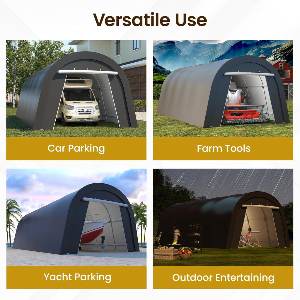 Kiss the Water Carport, Round Portable Garage, Steel Heavy Duty Carport with Ground Stakes, Tensioner and 2 Roll Up Windows PE Fabric Car Port, Garage, Storage Shed, Tent for Storage, SUV (12x25 Ft)