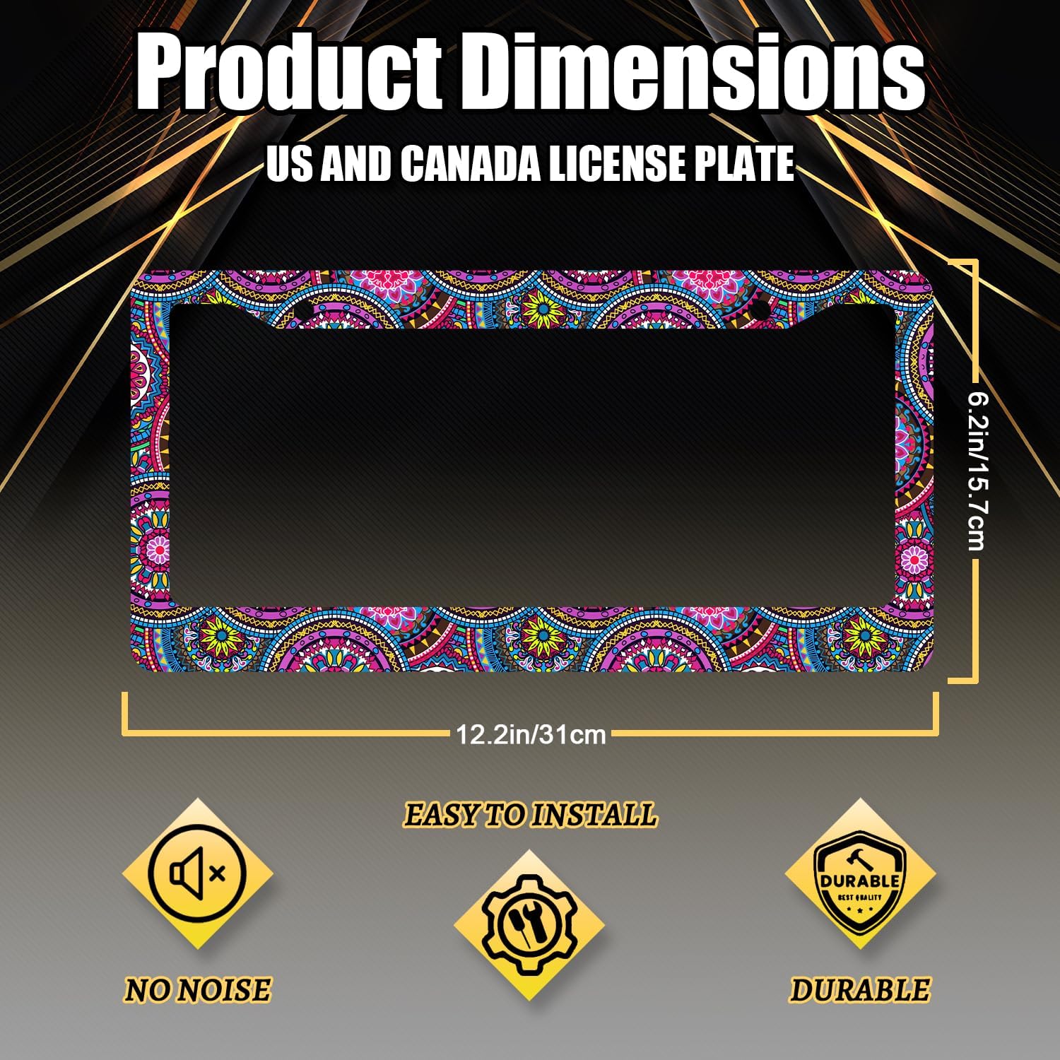 Purple Mandala License Plate Frame Hippie Boho License Plate Holder Stainless Steel Front and Rear Car Tags Auto Parts Funny License Plate Decoration with Screws for Men Women s 12.2"x 6.2"