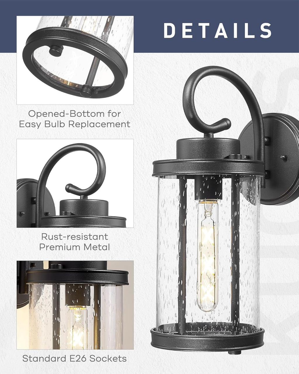 kudos Porch Lights Outdoor, 15.8 inch Large Cylinder Wall Light, E26 Sockets, Anti-Rust Waterproof Light Fixtures Wall Mount for Patio, Black with Seeded Glass, KDOWL01-BK-L