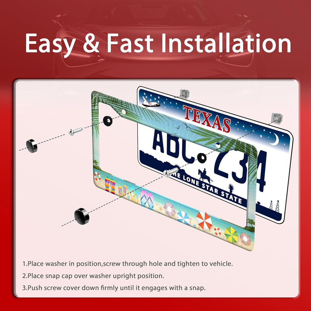 Beach Flip Flops License Plate Frame Funny Seaside License Plate Frames Stainless Steel Accessories Cars Decor with 2 Holes and Screws Fits Standard Us Ca Vehicles License Plate Holder 12.2 X 6 Inch
