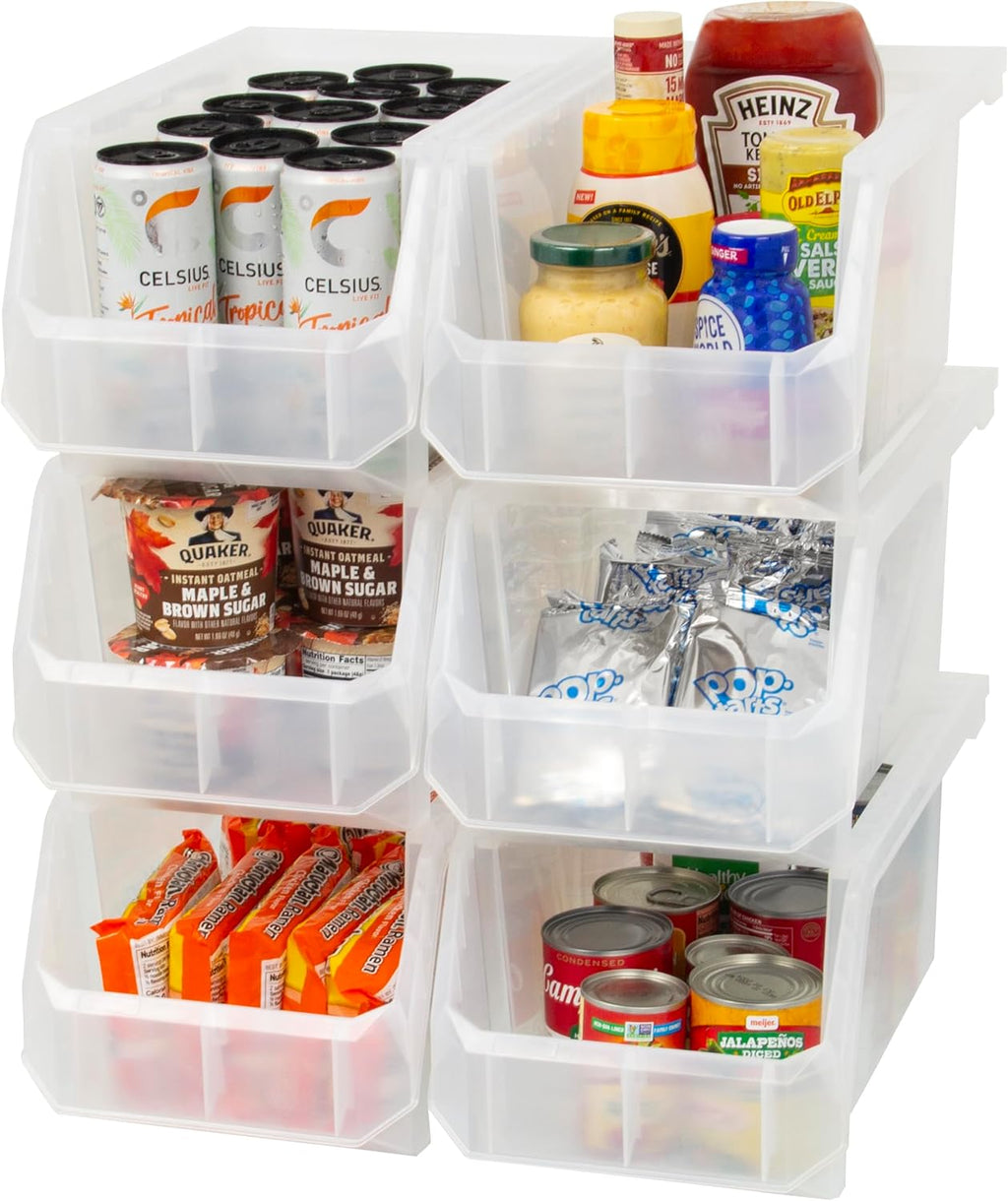 Plastic Containers for Organizing and Storage Bins for Closet, Kitchen, Office, Garage or Pantry Organization, Stackable Bins, Large (14.8" x 8" x 7"), 6-Pack, Clear