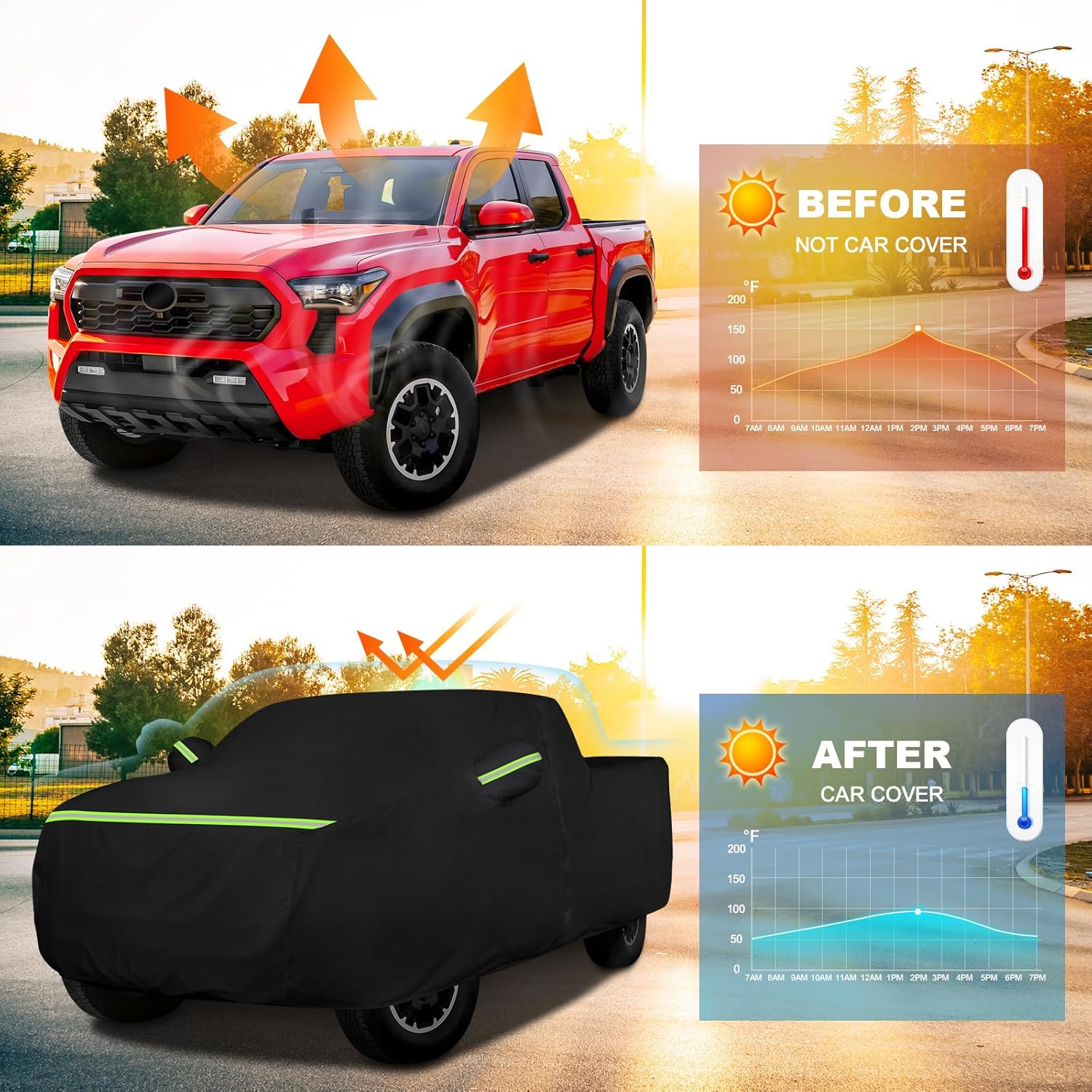 QUNSUNUS Car Cover for Toyota Tacoma 2005-2024, Waterproof Truck Cover with Zipper, All Weather Full Exterior Cover with Straps and Elastic for Wind, Sun, UV and Dust Protection