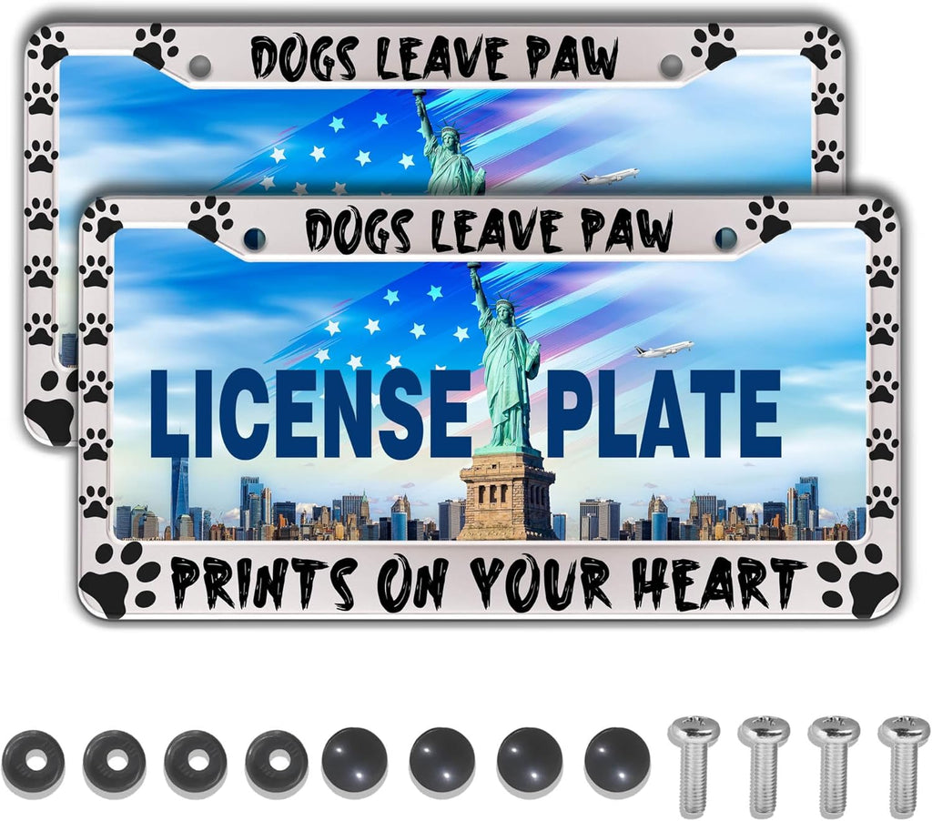 License Plate Cover Black and White License Plate Frames Dogs Leave Paw Prints on Your Heart Universal Aluminum Car Accessory 2 Pack with Screw Covers Set