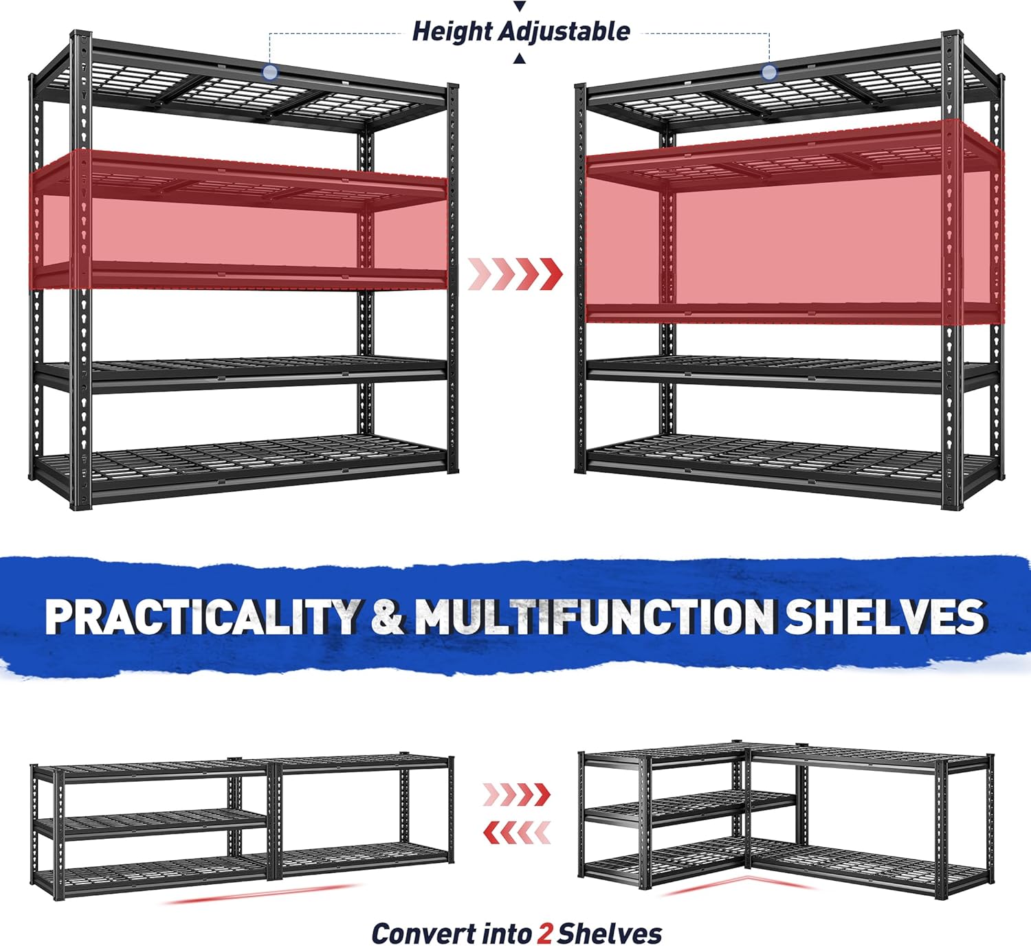 REIBII 48" W Garage Shelves, 5-Tier Garage Shelving Load 2750LBS, Adjustable Metal Storage Shelves, Wire Shelving for Basement, Warehouse, Workshop, Kitchen, 48" W x 18" D x 72" H