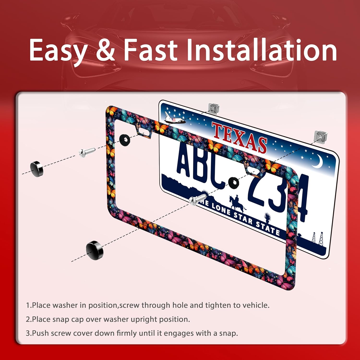 Butterfly License Plate Frame Funny Colorful License Plate Frames Stainless Steel Accessories Cars Decor with 2 Holes and Screws Fits Standard Us Ca Vehicles License Plate Holder 12.2 X 6 Inch