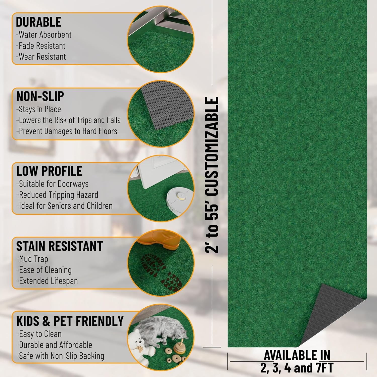Ottomanson 2'7" x 5' Mud Mat Area Rug Scraper Carpet - Non-Slip, Dirt Trapping for Indoor & Outdoor Use - Ideal for Entryway, Garage, Kitchen, Patio & High-Traffic Areas, Green