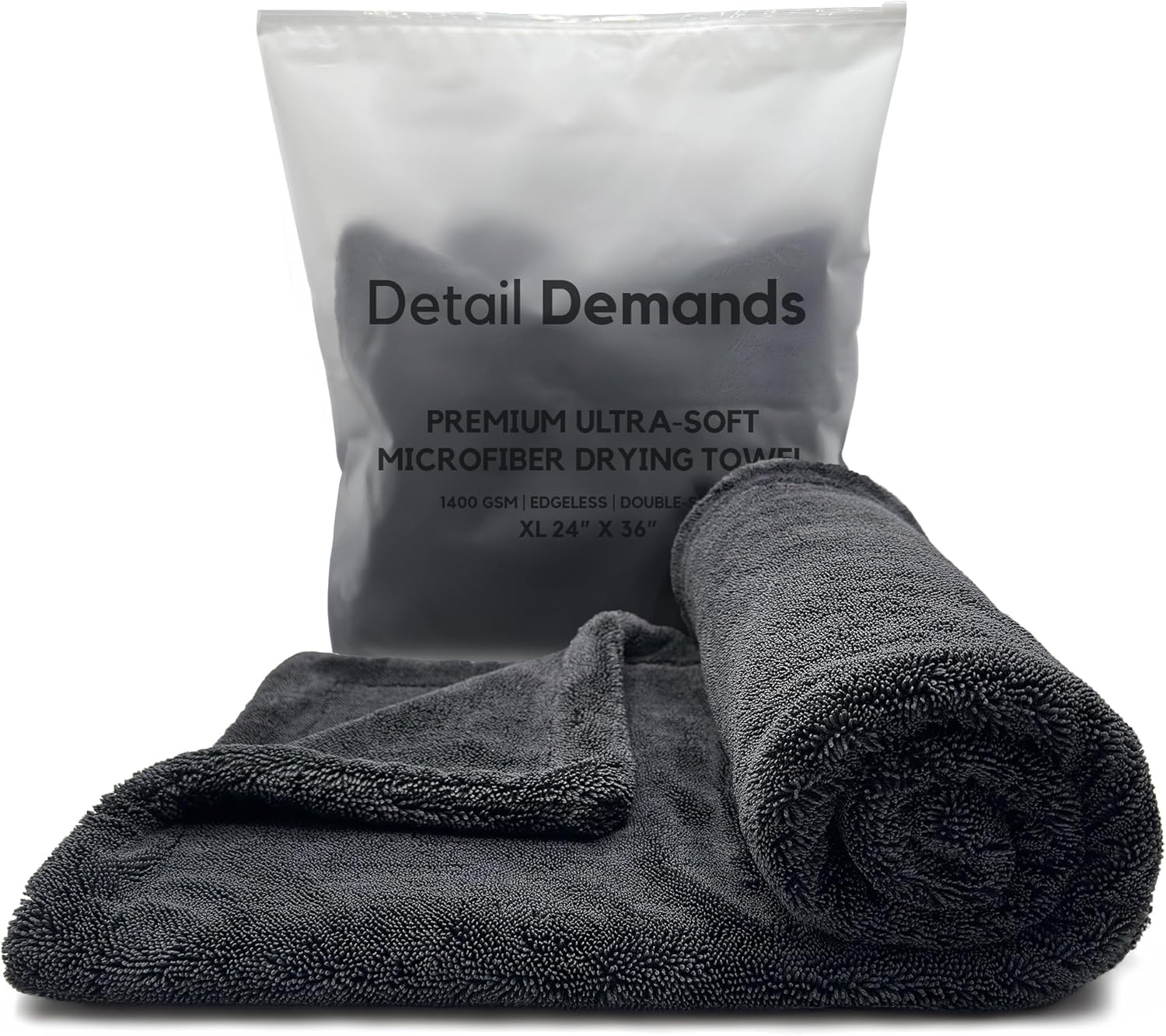 Extra Large Car Drying Towel - 1400 GSM Edgeless Twisted Loop Design - 70/30 Blend Microfiber Towels for Cars, Trucks, SUVs - Superior Absorption, Streak-Free - 24" x 36", Black
