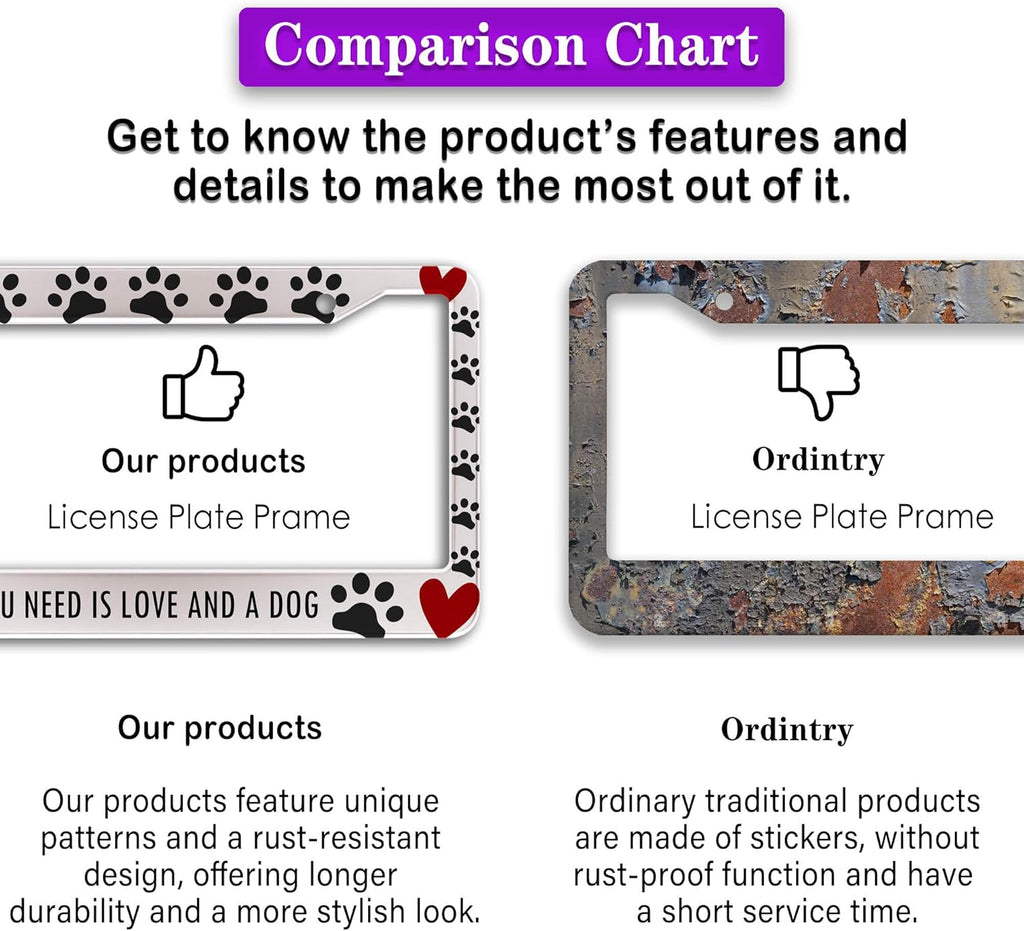 License Plate Frames Black, White, and Red License Plate Frame All You Need is Love and a Dog Universal Aluminum Car Accessory 2 Pack with Screw Covers Set