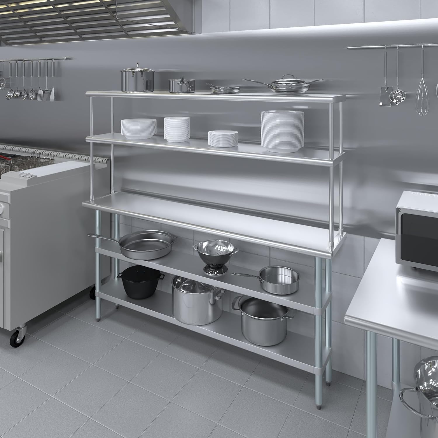 Amgood Stainless Steel Work Table with 2 Shelves & Overshelf | Metal Kitchen Prep & Shelving Combo (14" x 72" Table + 12" Overshelf)