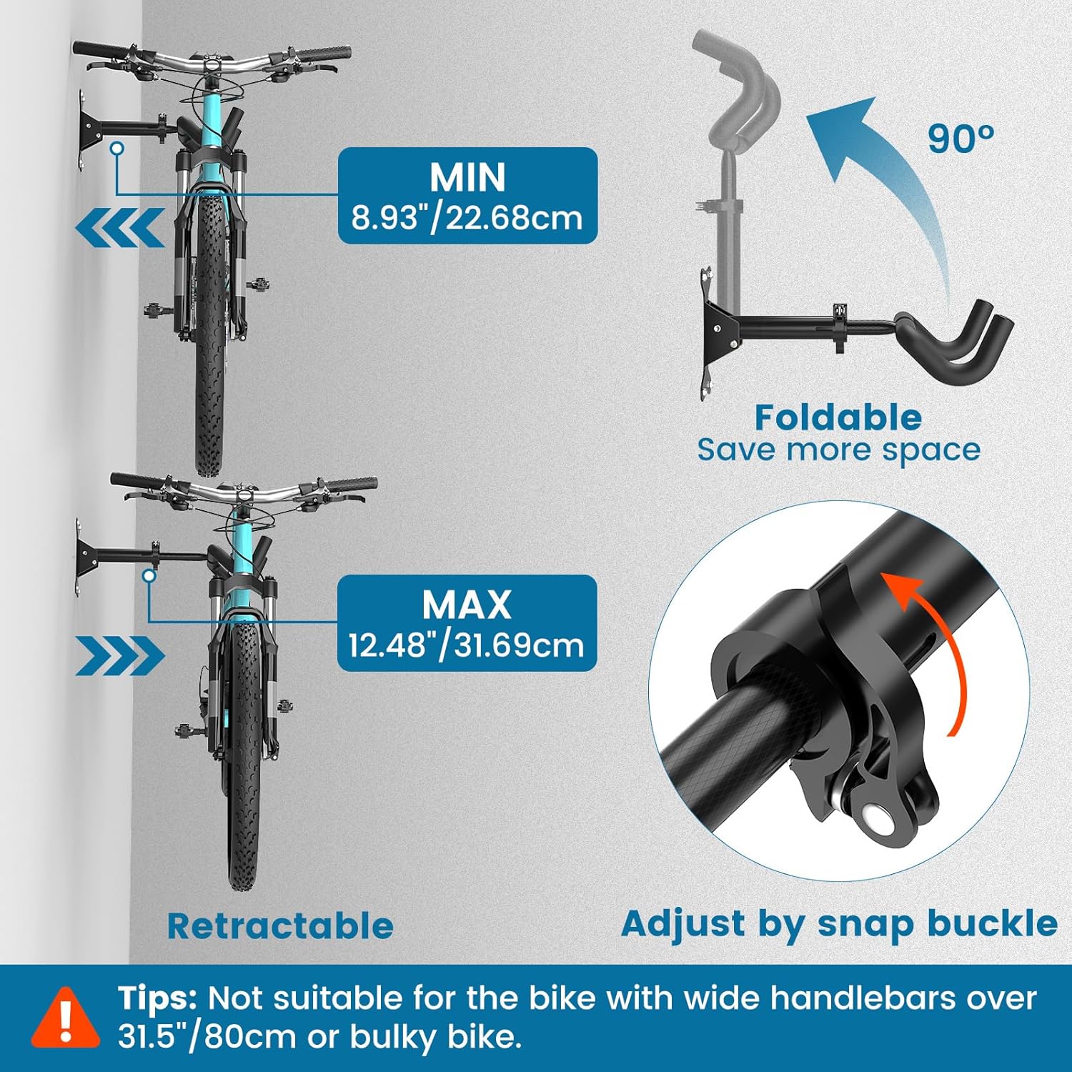 Bike Wall Mount - [2 Pack] EVA Foam Padded up to 48.5 lbs, Carbon Steel, Valve Mechanism, Heavy-Duty Adjustable Bike Wall Hanger for Road, Mountain and Hybrid Bikes, Garage & Apartment