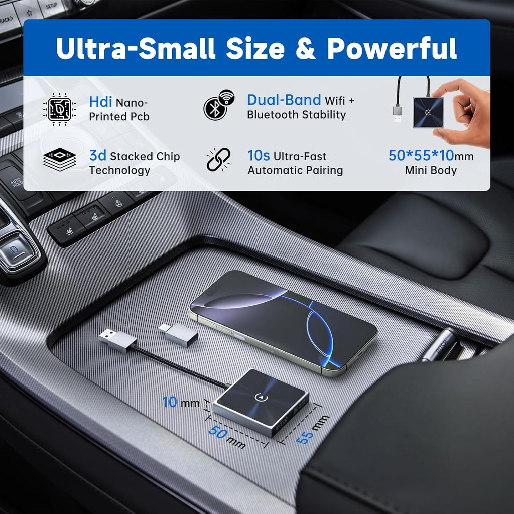 Wireless CarPlay Adapter for iPhone– Super mini 2 in 1 Plug Convert Wired to Wireless Car Play Dongle for Apple iOS 10+ , Instant Connectivity, Fit for Cars with Built-in CarPlay, Black Silver
