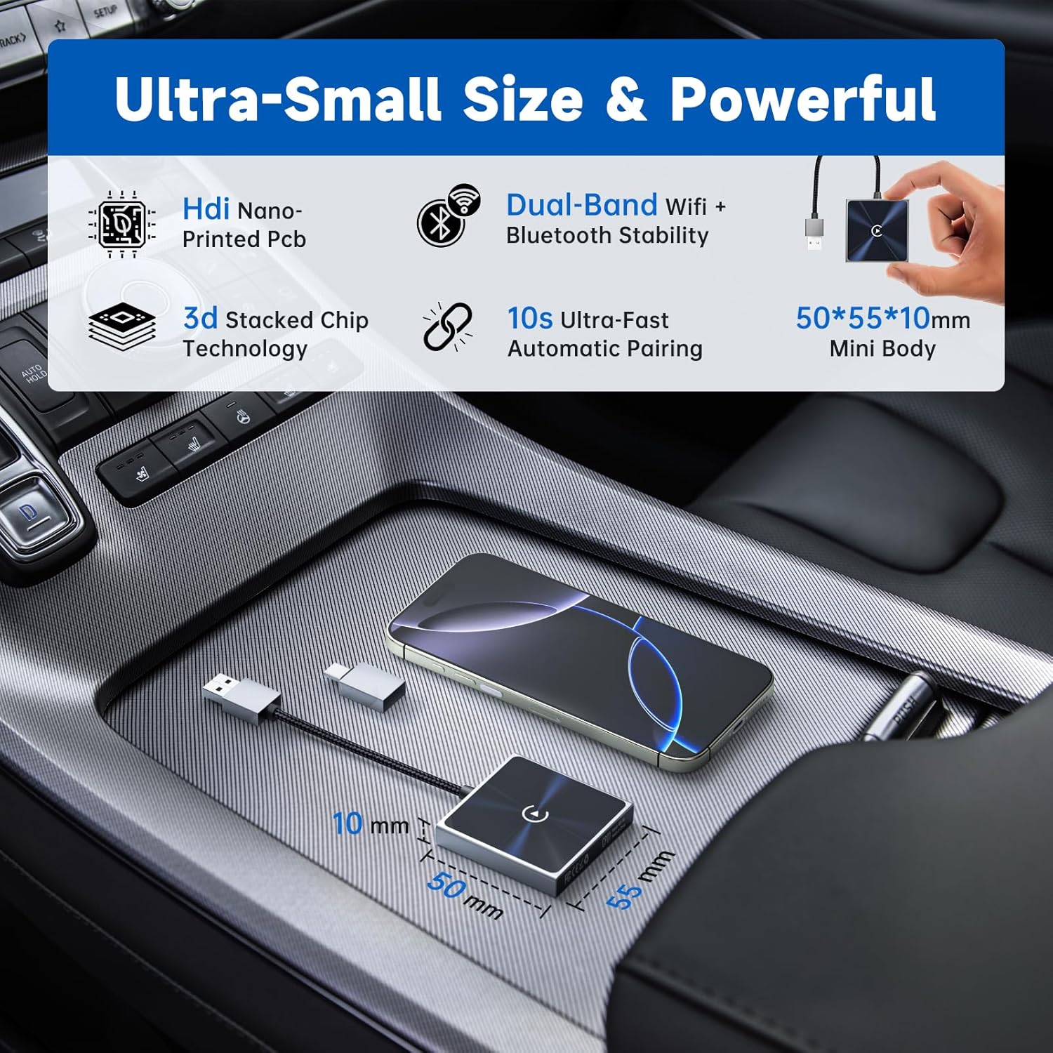 Wireless CarPlay Adapter for iPhone– Super mini 2 in 1 Plug Convert Wired to Wireless Car Play Dongle for Apple iOS 10+ , Instant Connectivity, Fit for Cars with Built-in CarPlay, Black Silver