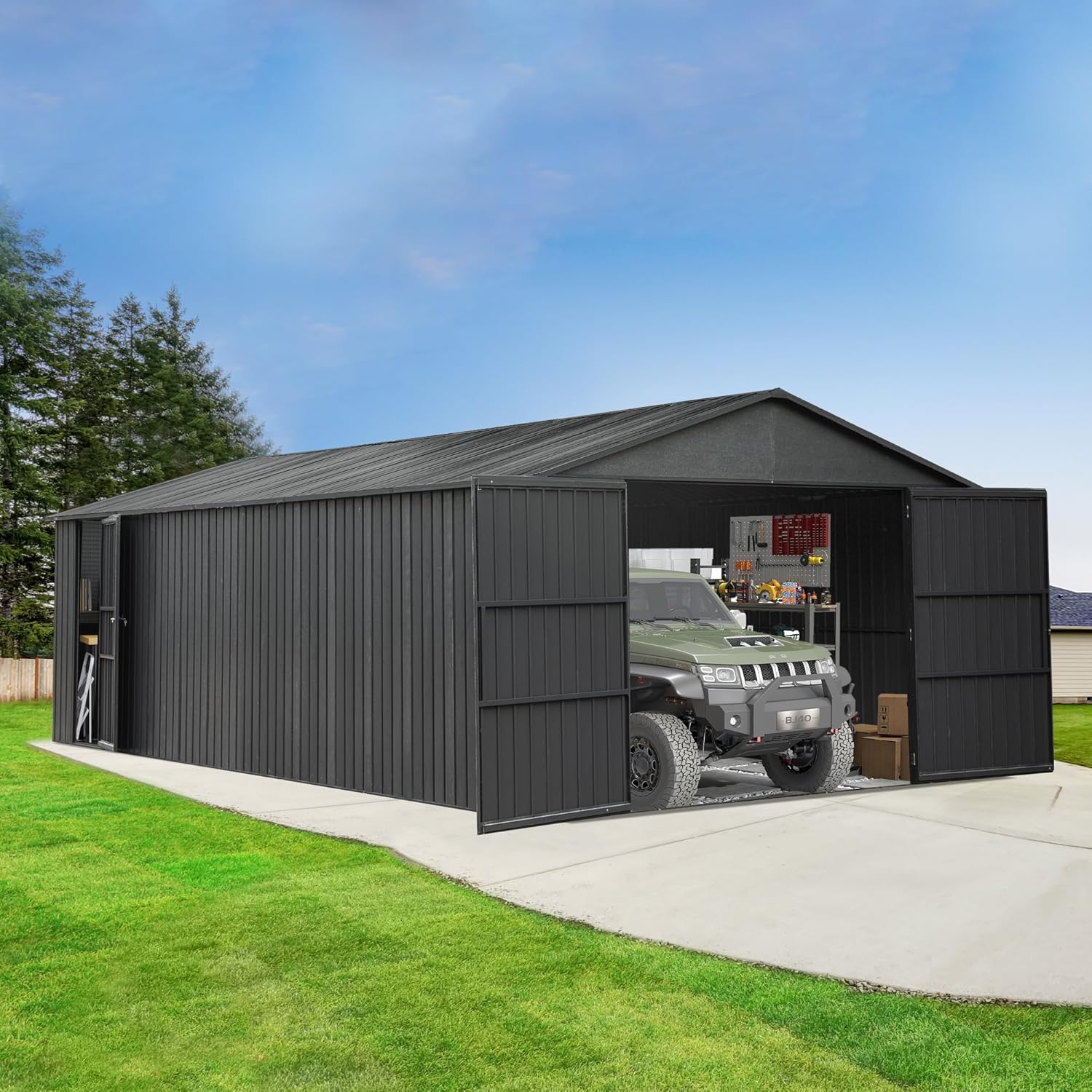 Domi 12'x25' Metal Garage Shed, Heavy Duty Outdoor Steel Carport with Lockable Double, Side Doors, 80MPH Wind and Snow Resistant Enclosed Storage for Cars, Trucks, Motorcycles, Tools, Dark Grey
