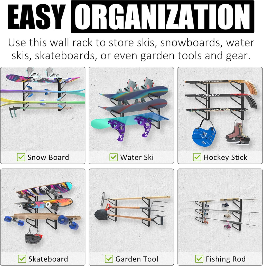 UNITEDPOWER Ski Storage Rack, Wall Mounted Snowboard Organizer Shelf, Wall Display Hanger Holds Up 3 Pairs of Skis and Poles, Garage, Home, Shed