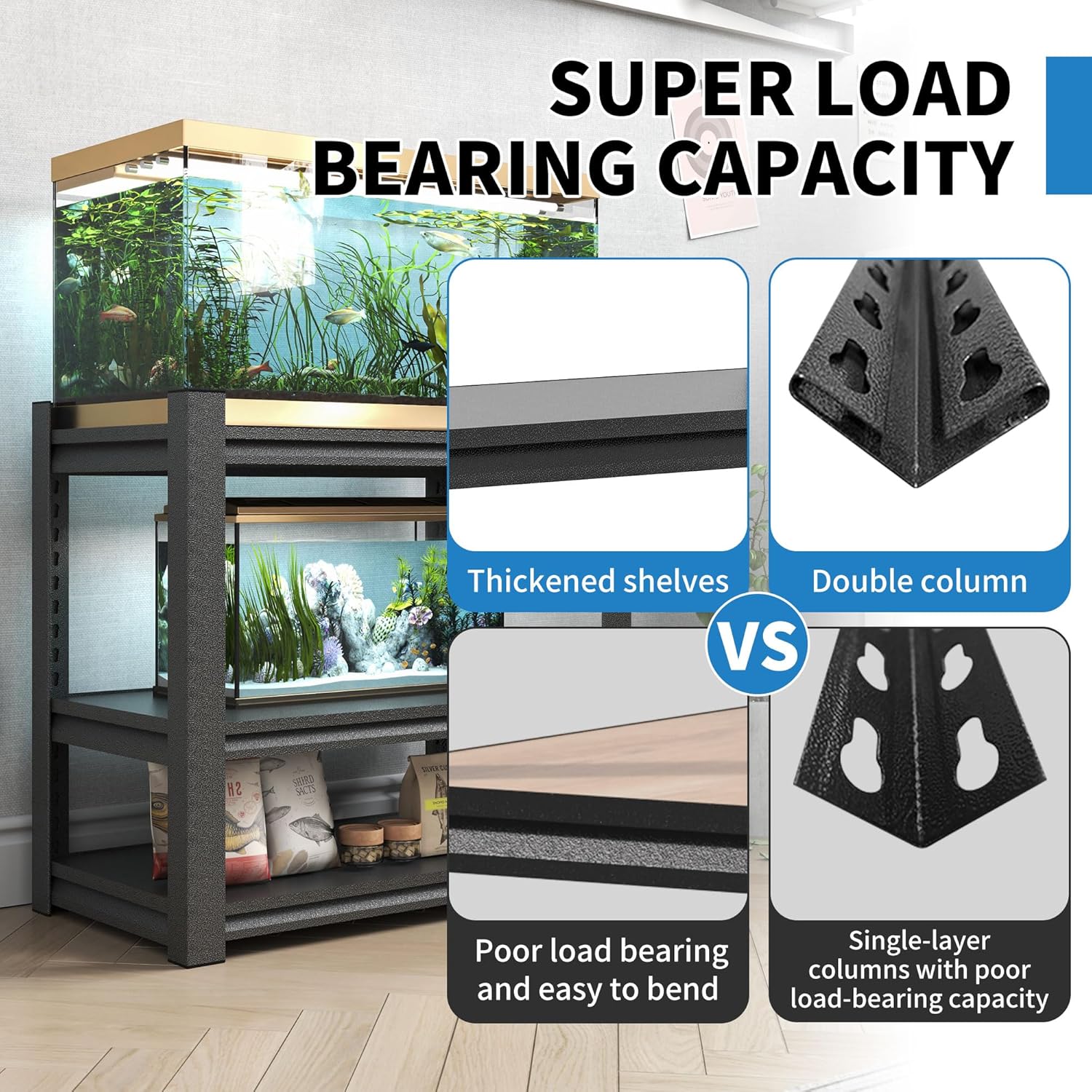 3 Tier Metal Shelving Unit, Aquarium Shelf System, Small Storage Organizer Racks for Basement Garage Laundry Utility Shelving (Black)