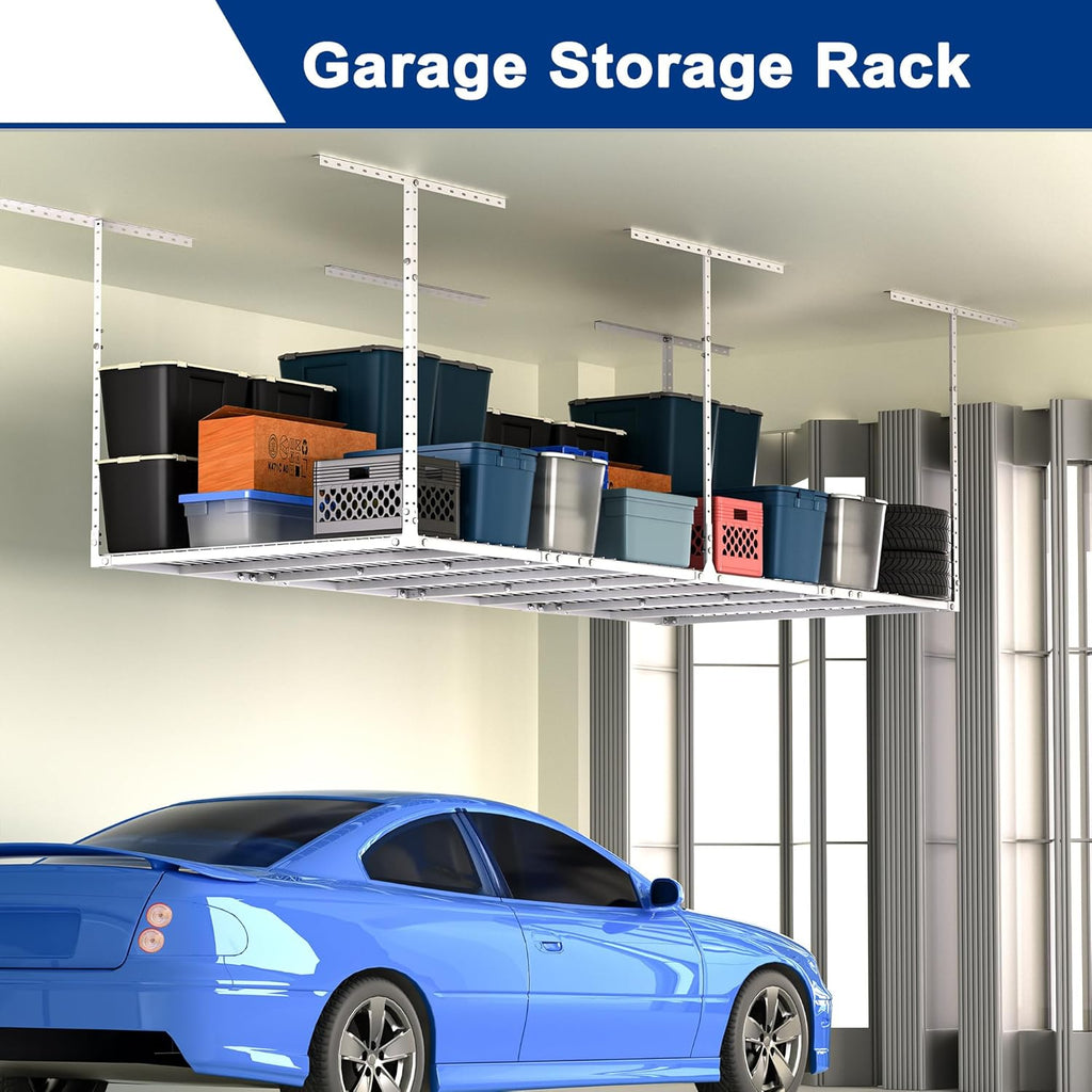 GIOTORENT 3x8FT Heavy Duty Overhead Garage Storage Rack - Adjustable Ceiling Shelving with 600lbs Weight Capacity, Metal Garage Organization System, White