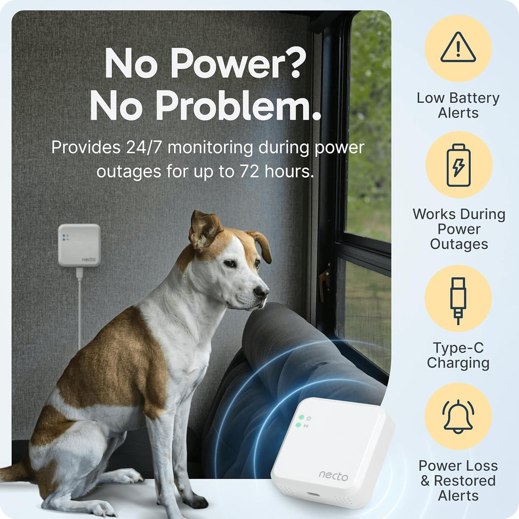 Necto RV Pet Temperature Monitor - No WiFi Required - Remote Power Outage & Temp Sensor with App Alerts. Cellular Monitoring System for Car, Home Safety & Server Room (Subscription Required)