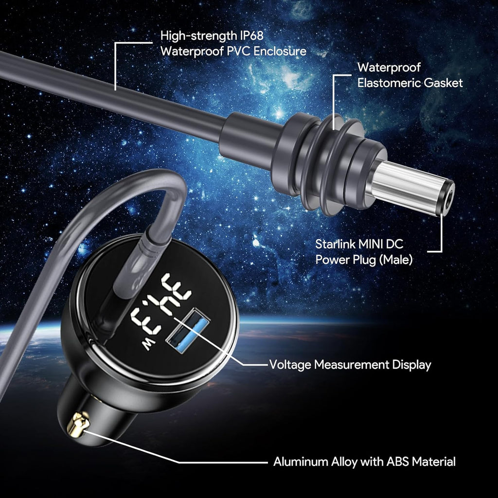 QUIDDITY Starlink Mini Car Adapter DC Power Cable + Cigarette Lighter Adapter 12V-24V with Digital Display, Water-Resistent Car Charging Cord with USB Type-C Port Starlink Mini Accessories(3M/10FT)