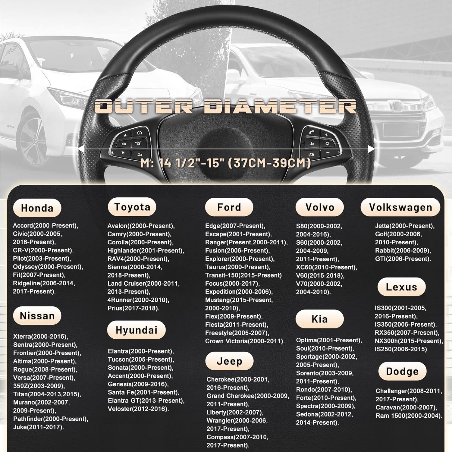 SEG Direct Car Steering Wheel Cover Universal Standard Size 14.5-15 inch, Black and Beige Microfiber Leather