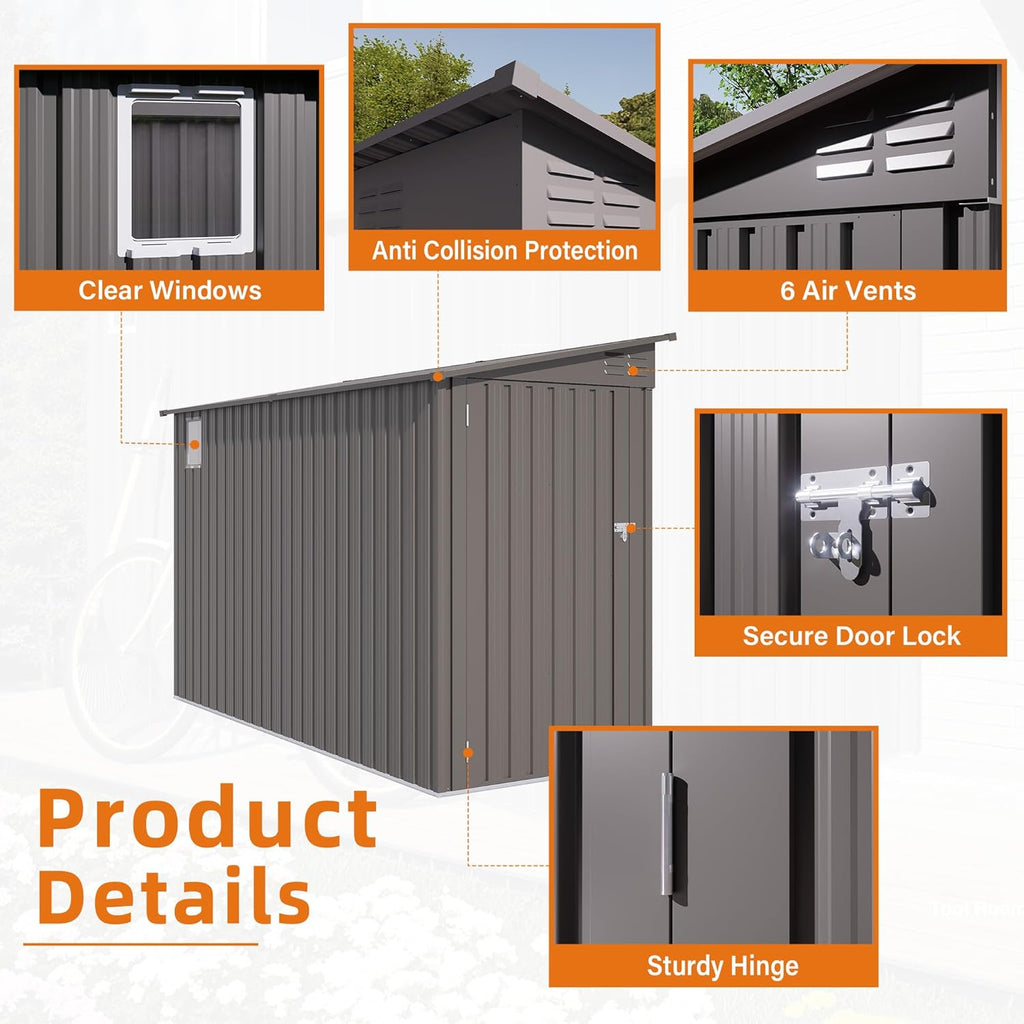 4 x 9 FT Metal Outdoor Storage Shed w/Clear Window, Lean to Storage Sheds with Lockable Door and Air Vents, All Weather Waterproof Garden Tool House for Backyard, Patio, Lawn, Gray
