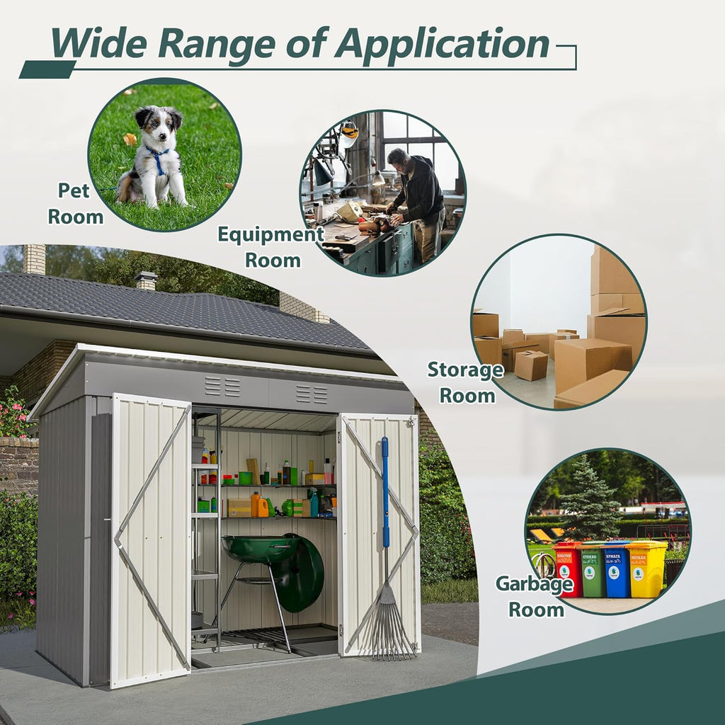 Outdoor Storage Shed, 8 X 4ft Metal Galvanized Steel Garden Shed with Floor Frame, Utility Tool Shed Storage House for Backyard, Patio, Lawn