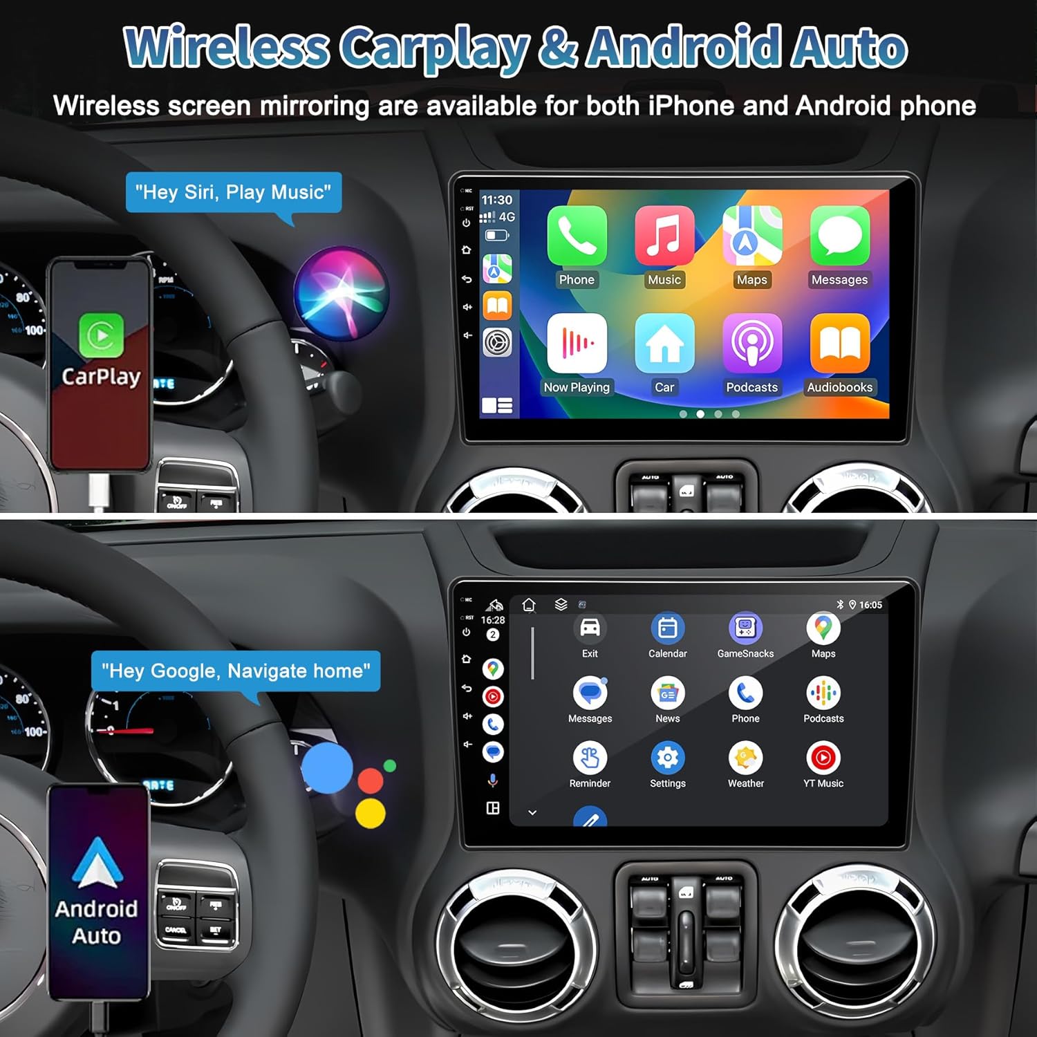 Car Radio Stereo for Jeep Wrangler JK 2007-2018 Dodge Ram 1500 2500 3500 Grand Cherokee, Android 13 2G+64G with CarPlay Android Auto 10 inch Touchscreen Head Unit, GPS BT WiFi AM/FM, Rear View Camera