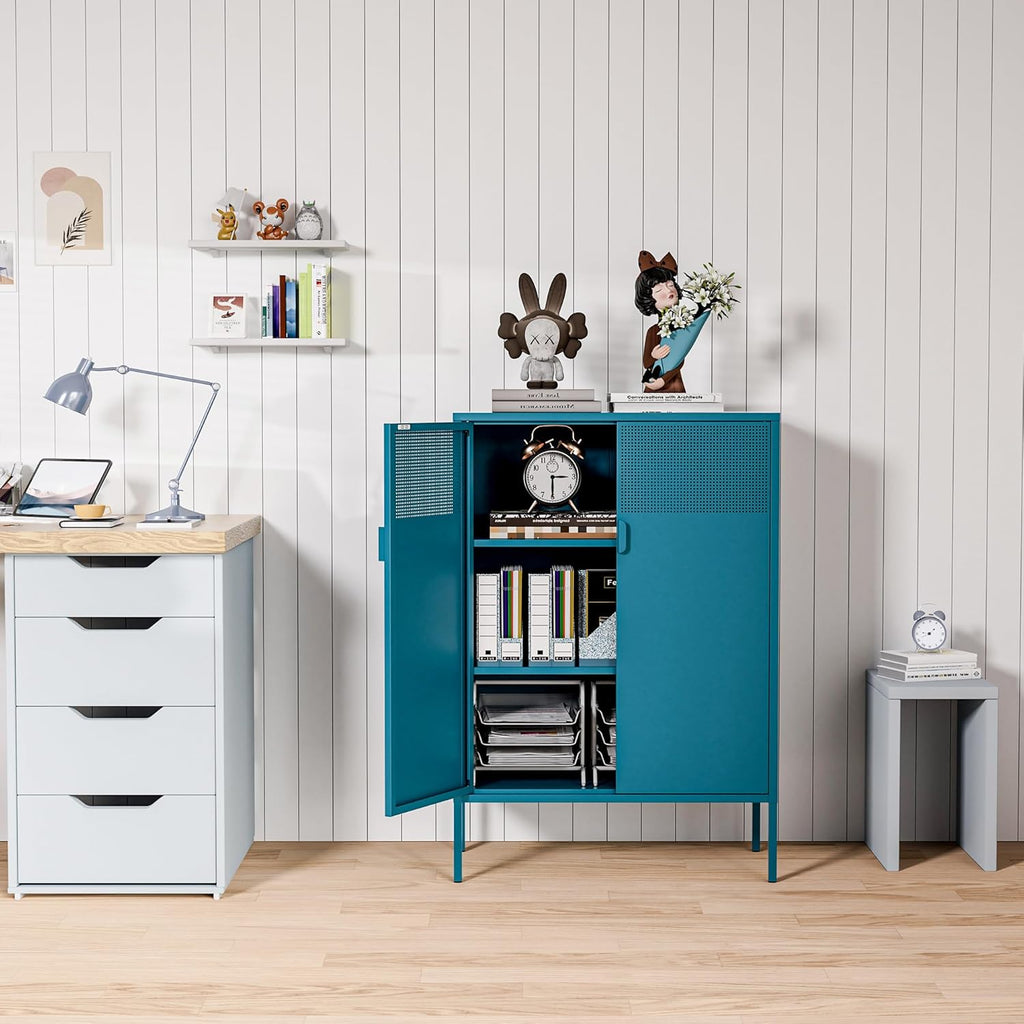 2 Mesh Door Metal Cabinet with Adjustable Shelves, Multipurpose Peacock Blue Storage Cabinet, 3-Tier,Metal Storage Cabinet for Office Home,Hallway(Peacock Blue, 47''H)