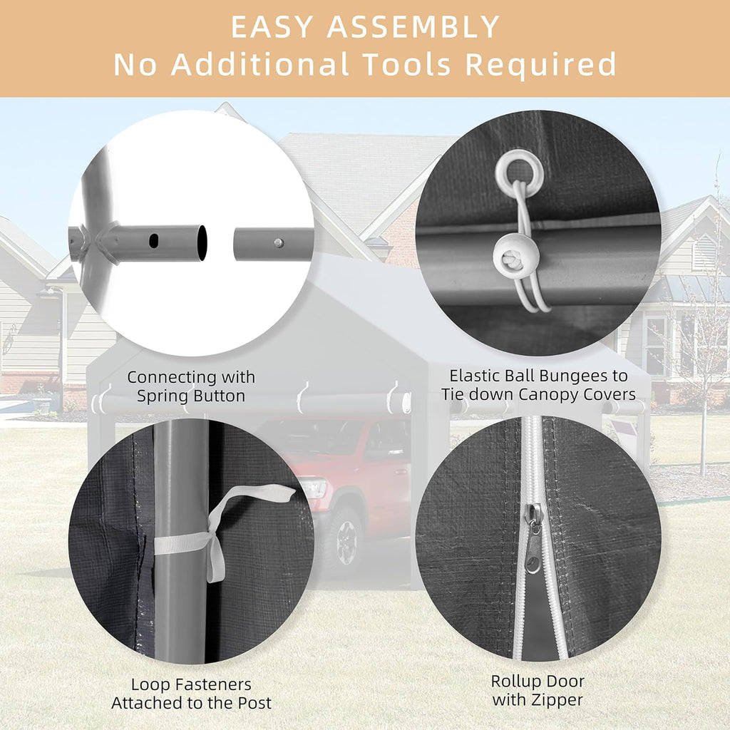 JY QAQA Carport, 12x20 FT Heavy Duty Carport with Removable Side Walls and Doors, Portable Garage with Roll-Up Window and Sandbags, Car Canopy with All-Season Tarp for Cars, Trucks, Boats, Grey
