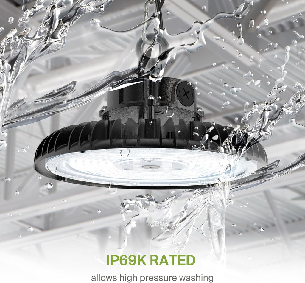 ASD LED High Bay UFO Light Fixture, Commercial Shop Lighting | Dimmable, IP69K Waterproof, DLC Premium, UL Listed | 200W 31000LM 5000K 100-277V | Warehouse, Garage, Workshop, Barn Lamp | Black